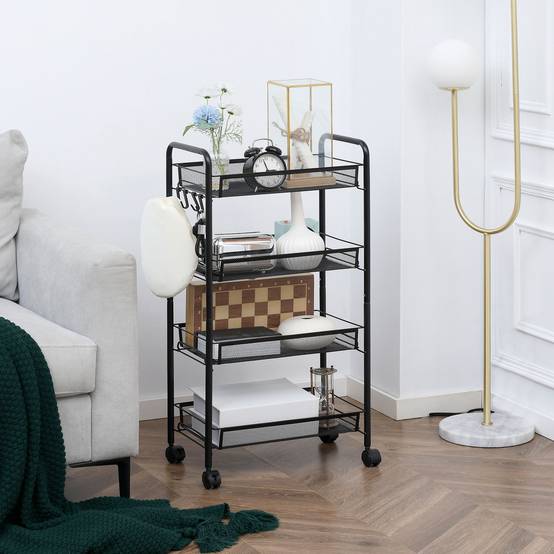 Chariot rangement 4 niveaux avec 4 crochets, desserte mobile noir cuisine salle de bain buanderie bureau 45x26,5x84 cm - Image 4
