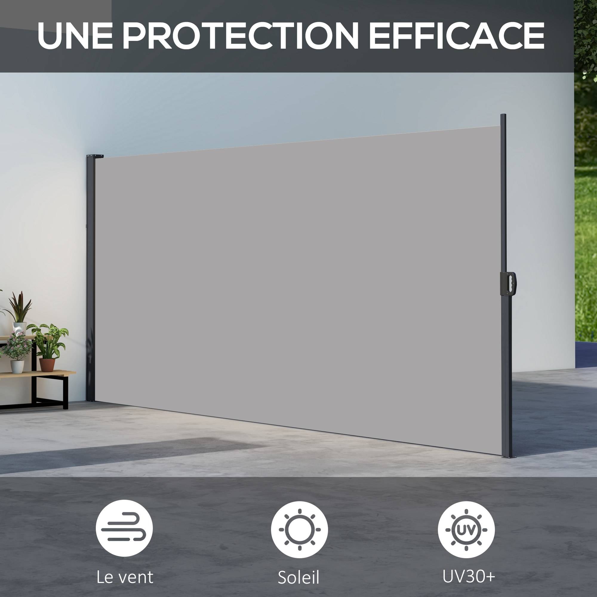 Store latéral Brise-Vue paravent rétractable dim. 4L x 1,80H m alu. Polyester Anti-UV Haute densité 180 g/m² Gris - Image 6