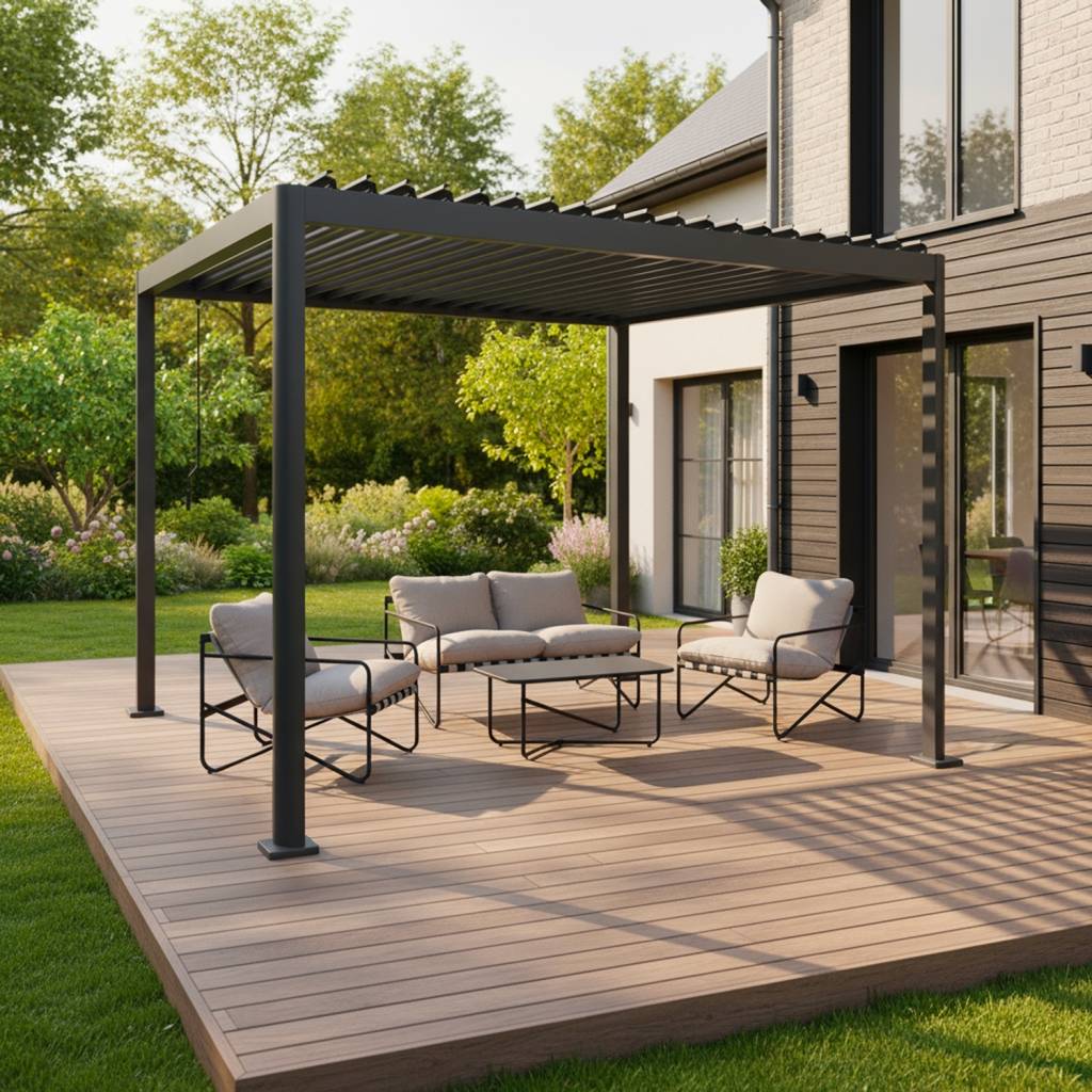 Pergola bioclimatique anthracite aluminium et acier lames orientables 3x3m - Imperial | sweeek - Image 1