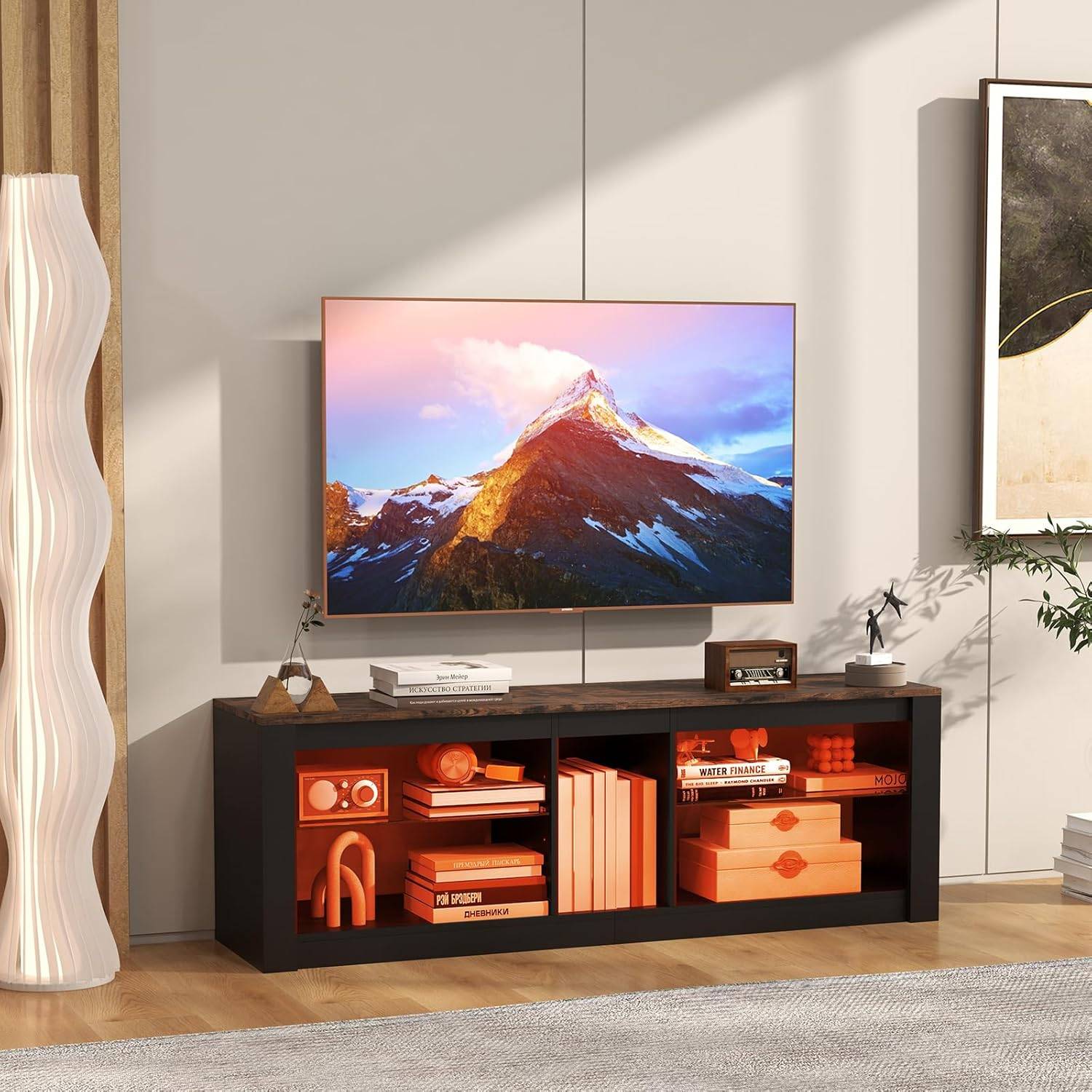 Meuble TV Blanc Brillant - Meuble TV Avec éclairage LED Et 4 Tiroirs Compatible Avec Les Televiseurs Denviron 80 Pouces
