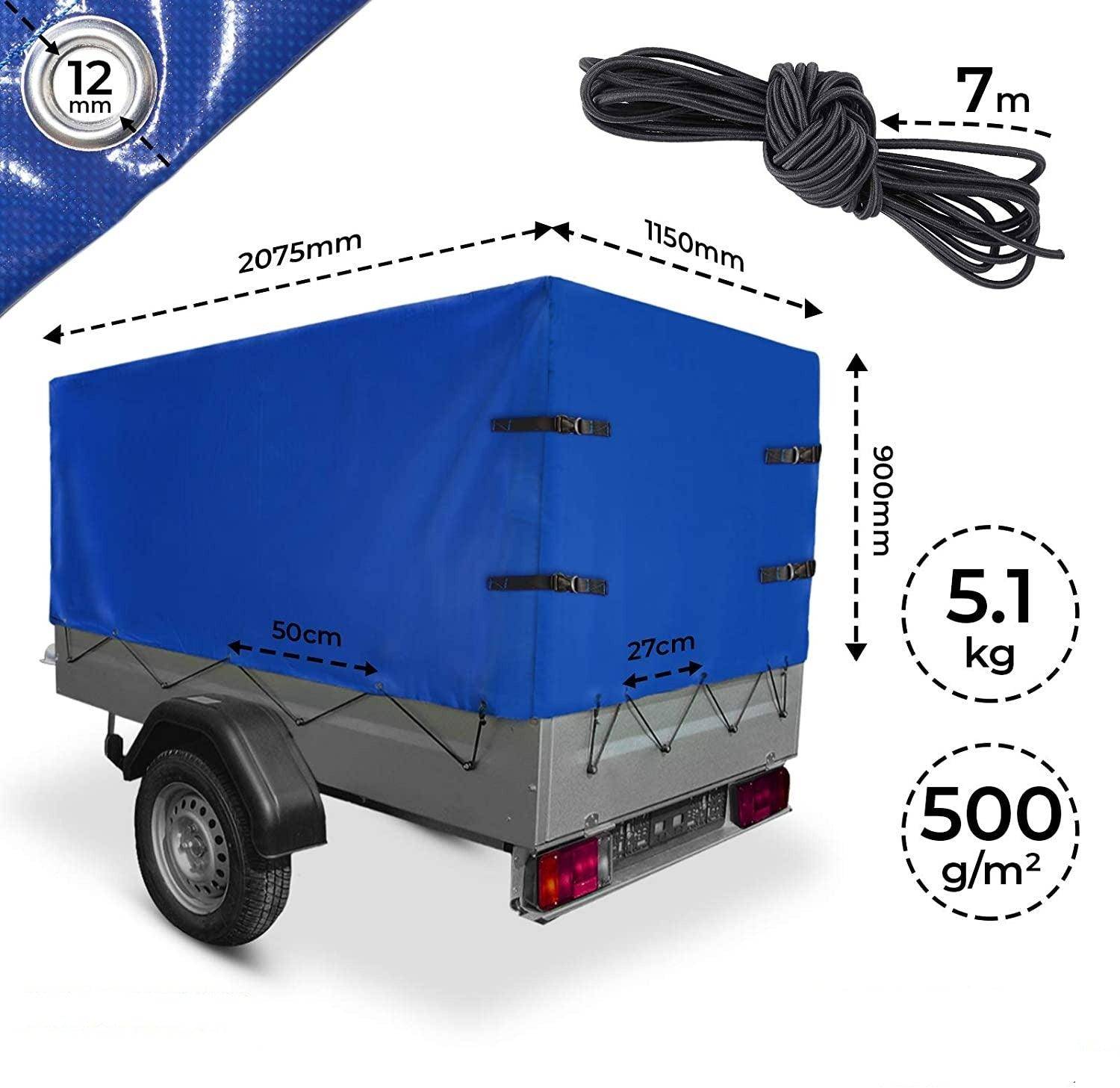 Helloshop26 - Bâche pour remorque 207 x 115 x 90 cm pvc 500 g m² avec œillets 4 sangles et corde élastique 7 m imperméable en bleu protection couverture étanche po - Image 1