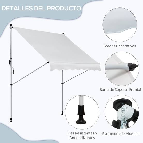 Store banne rétractable manuelle 200 x 150 x 170-280 cm pour balcon et terrasse, hauteur réglable et manivelle, blanc - Image 9
