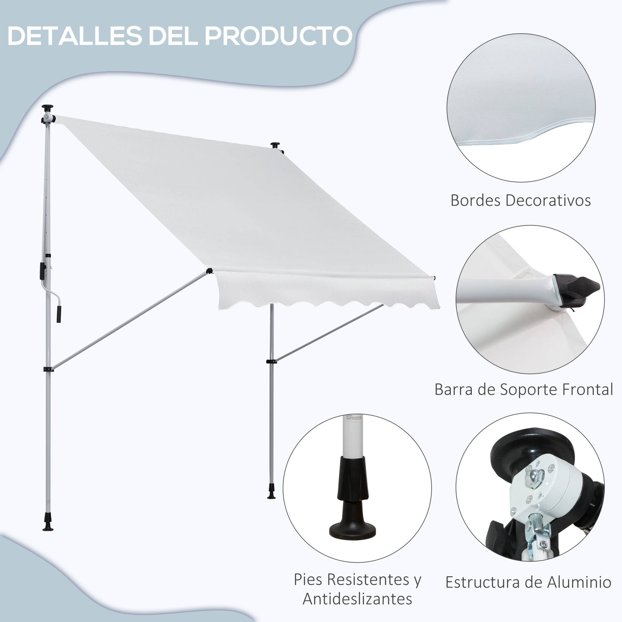 Store banne rétractable manuelle 200 x 150 x 170-280 cm pour balcon et terrasse, hauteur réglable et manivelle, blanc - Image 9