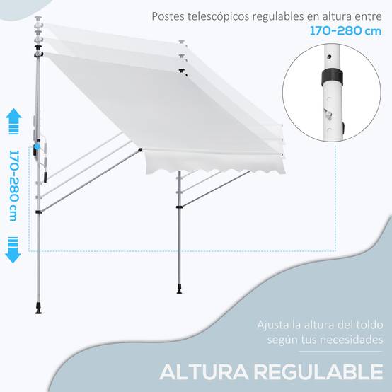 Store banne rétractable manuelle 200 x 150 x 170-280 cm pour balcon et terrasse, hauteur réglable et manivelle, blanc - Image 6