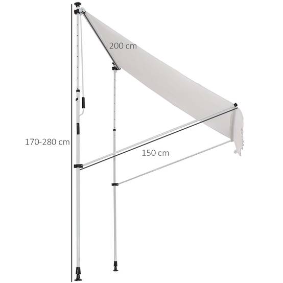 Store banne rétractable manuelle 200 x 150 x 170-280 cm pour balcon et terrasse, hauteur réglable et manivelle, blanc - Image 5