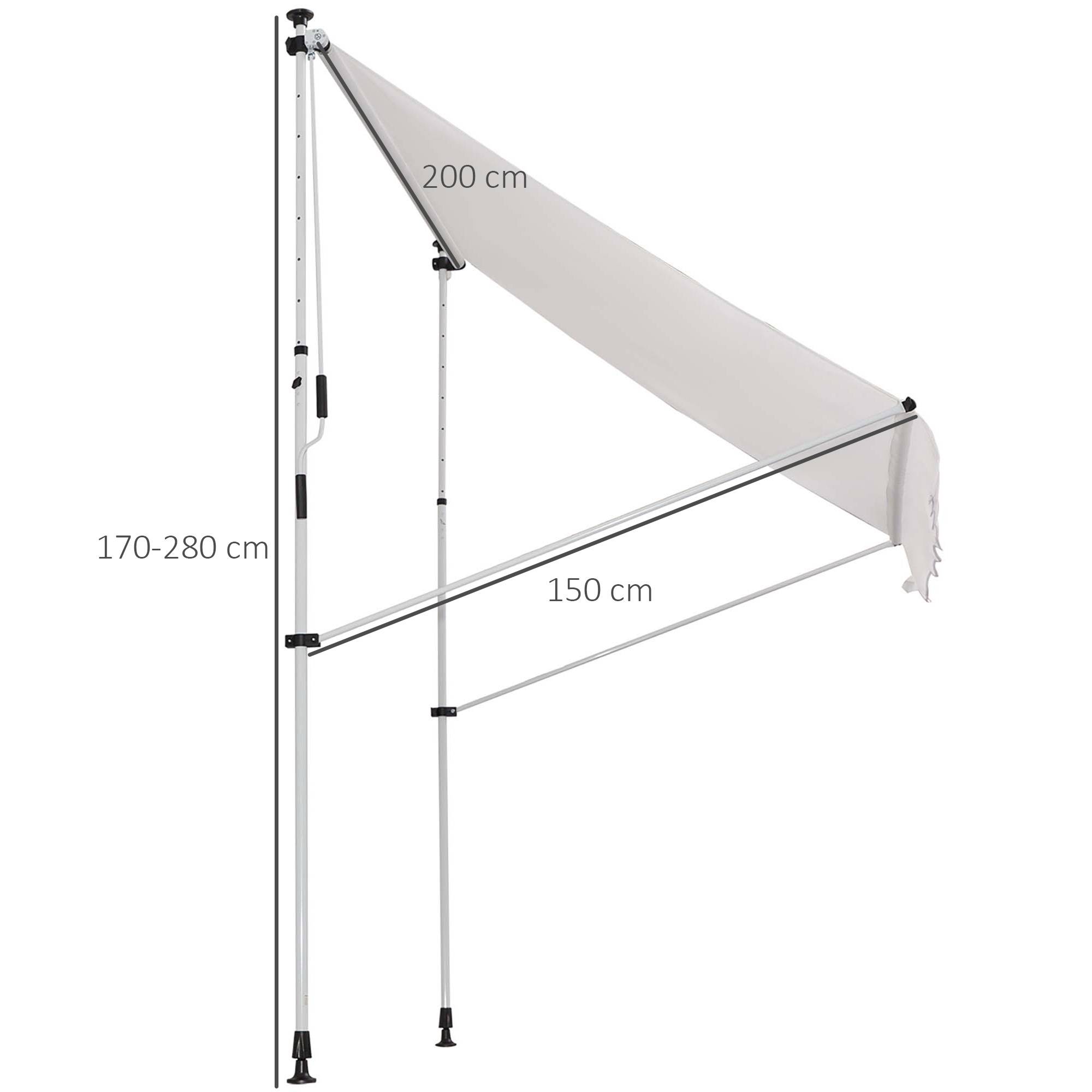Store banne rétractable manuelle 200 x 150 x 170-280 cm pour balcon et terrasse, hauteur réglable et manivelle, blanc - Image 5