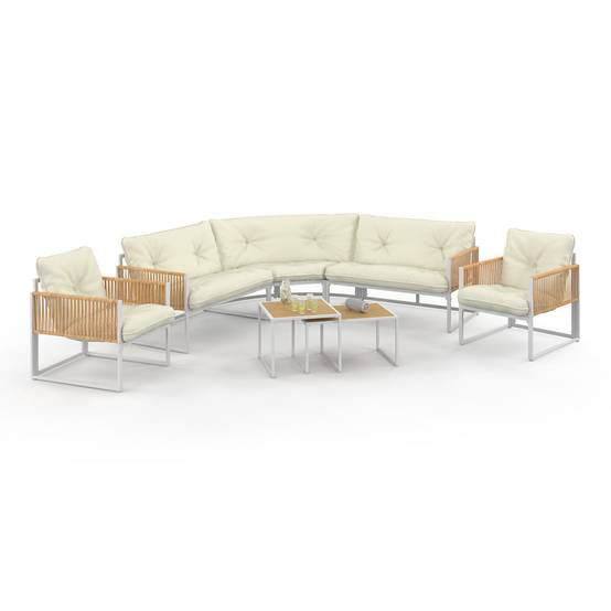 IDMARKET - Salon de jardin bas RIO 8 places salon d'angle structure métal blanc et cordage effet rotin avec coussins beiges - Image 2