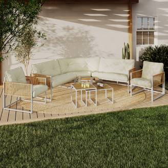 Salon de jardin bas RIO 8 places salon d'angle structure métal blanc et cordage effet rotin avec coussins beiges