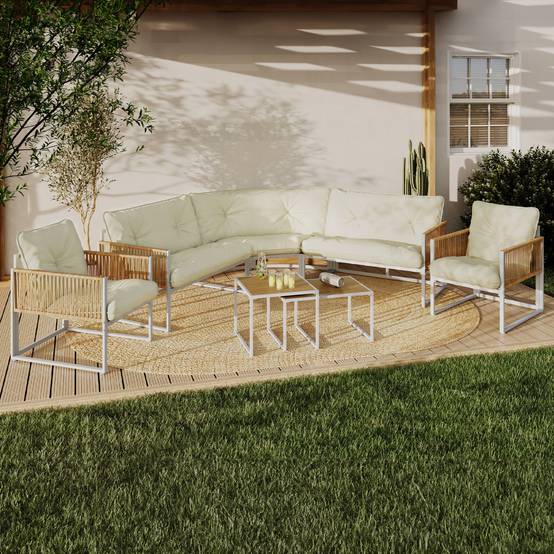 IDMARKET - Salon de jardin bas RIO 8 places salon d'angle structure métal blanc et cordage effet rotin avec coussins beiges - Image 1
