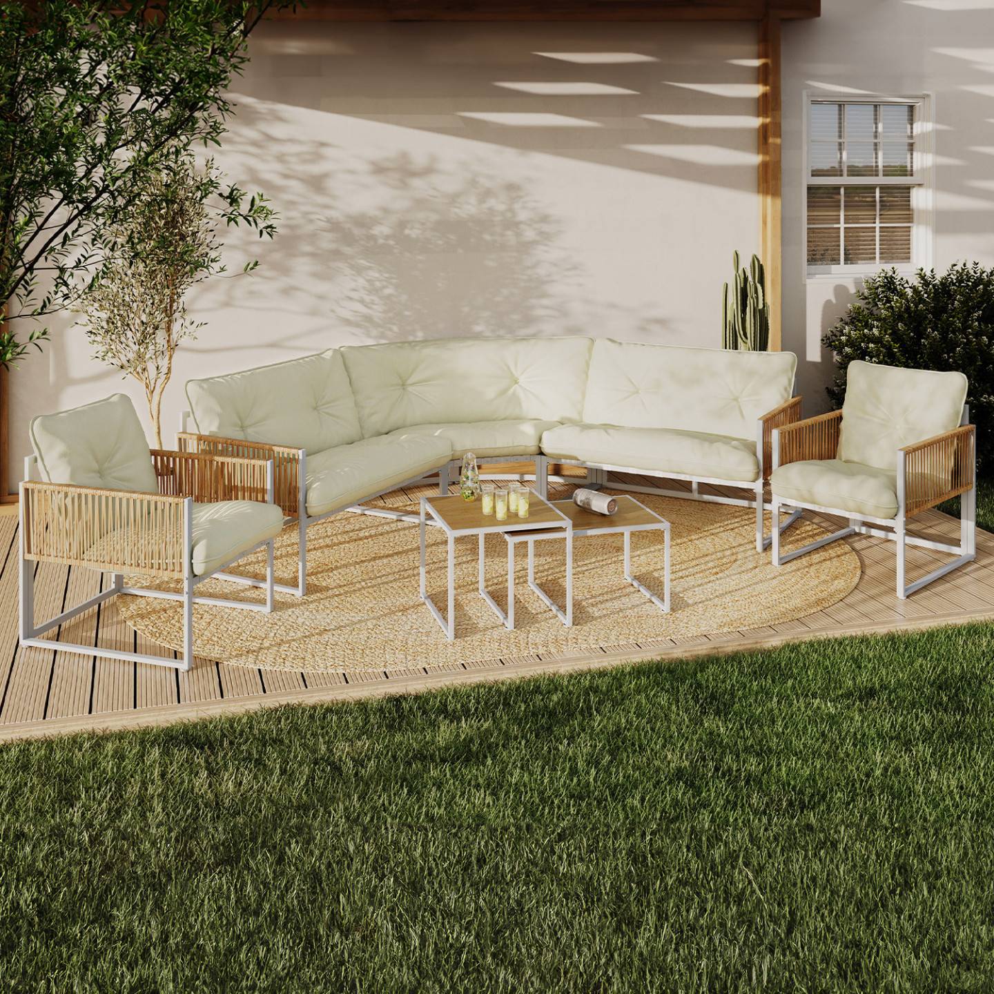 Salon de jardin bas RIO 8 places salon d'angle structure métal blanc et cordage effet rotin avec coussins beiges