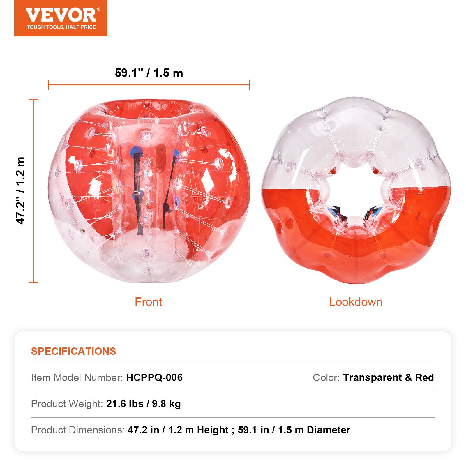 VEVOR Bulle gonflable 1.5m diamètre PVC 0.8mm, pour jeux plein air adolescents/adultes, rouge et transparent. - Image 7