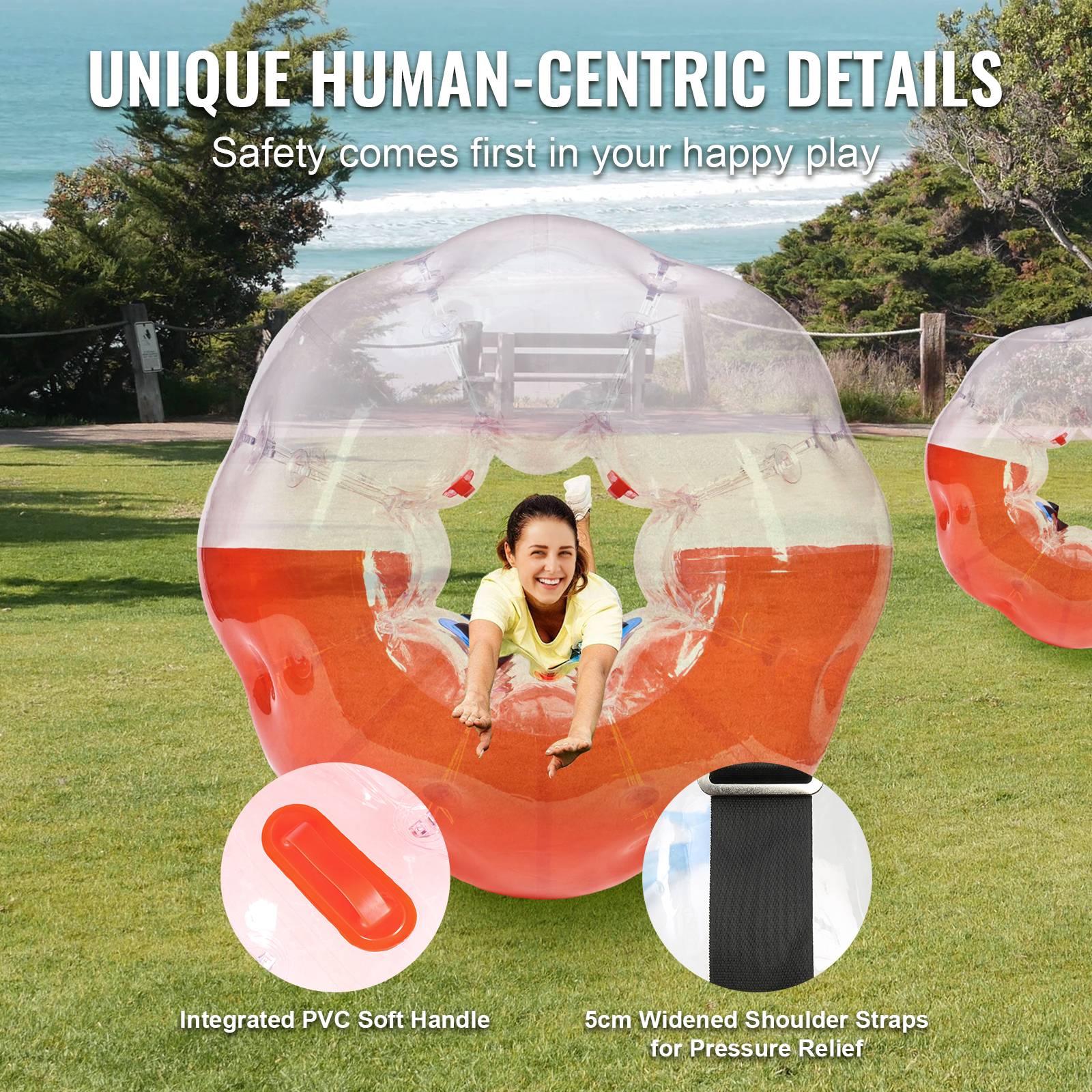 VEVOR Bulle gonflable 1.5m diamètre PVC 0.8mm, pour jeux plein air adolescents/adultes, rouge et transparent. - Image 4