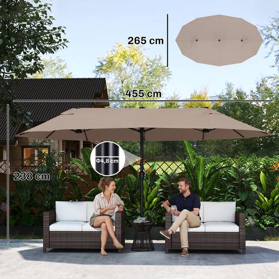 Parasol double de jardin 455 x 265 x 238 cm, grand parasol à manivelle, protection solaire, couleur café - Image 5