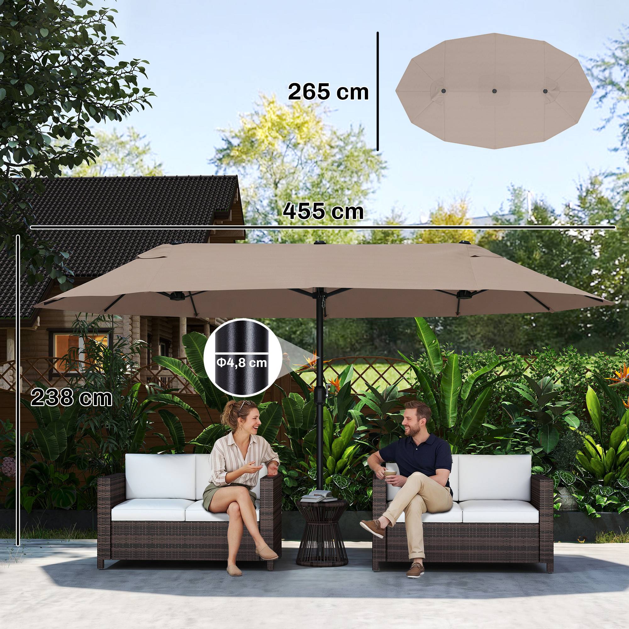 Parasol double de jardin 455 x 265 x 238 cm, grand parasol à manivelle, protection solaire, couleur café - Image 5