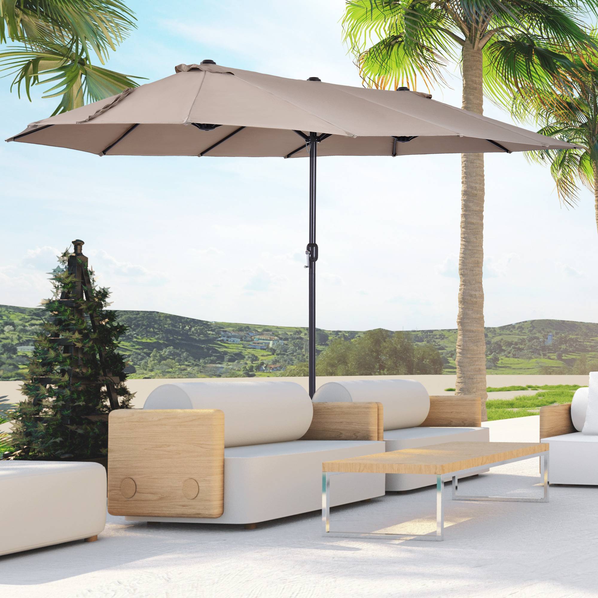 Parasol double de jardin 455 x 265 x 238 cm, grand parasol à manivelle, protection solaire, couleur café - Image 3