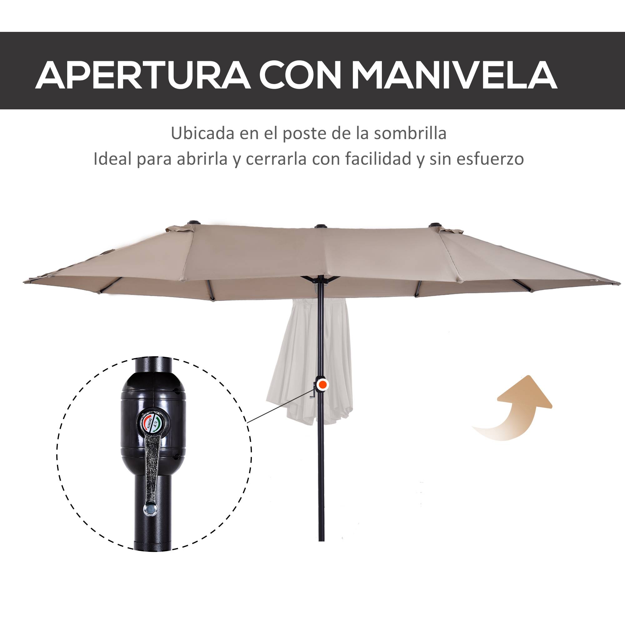 Parasol double de jardin 455 x 265 x 238 cm, grand parasol à manivelle, protection solaire, couleur café - Image 7