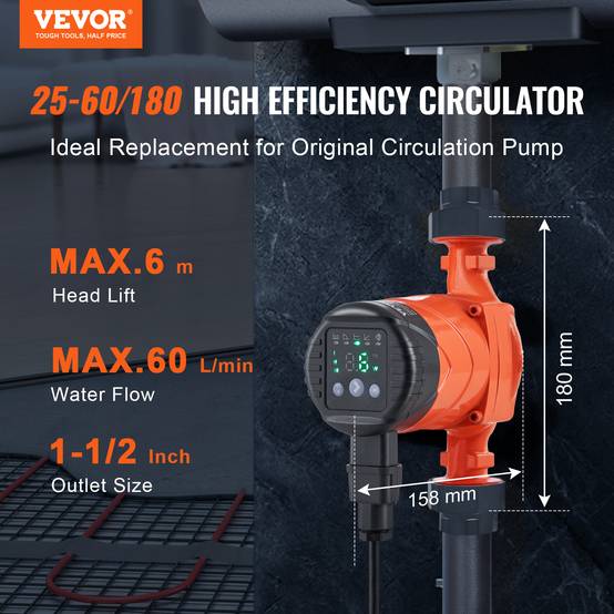 VEVOR Pompe circulation eau chaude LPS25-6BP-180, 60 L/min, 220V 45W, hauteur 6m, pour système chauffe-eau. - Image 2