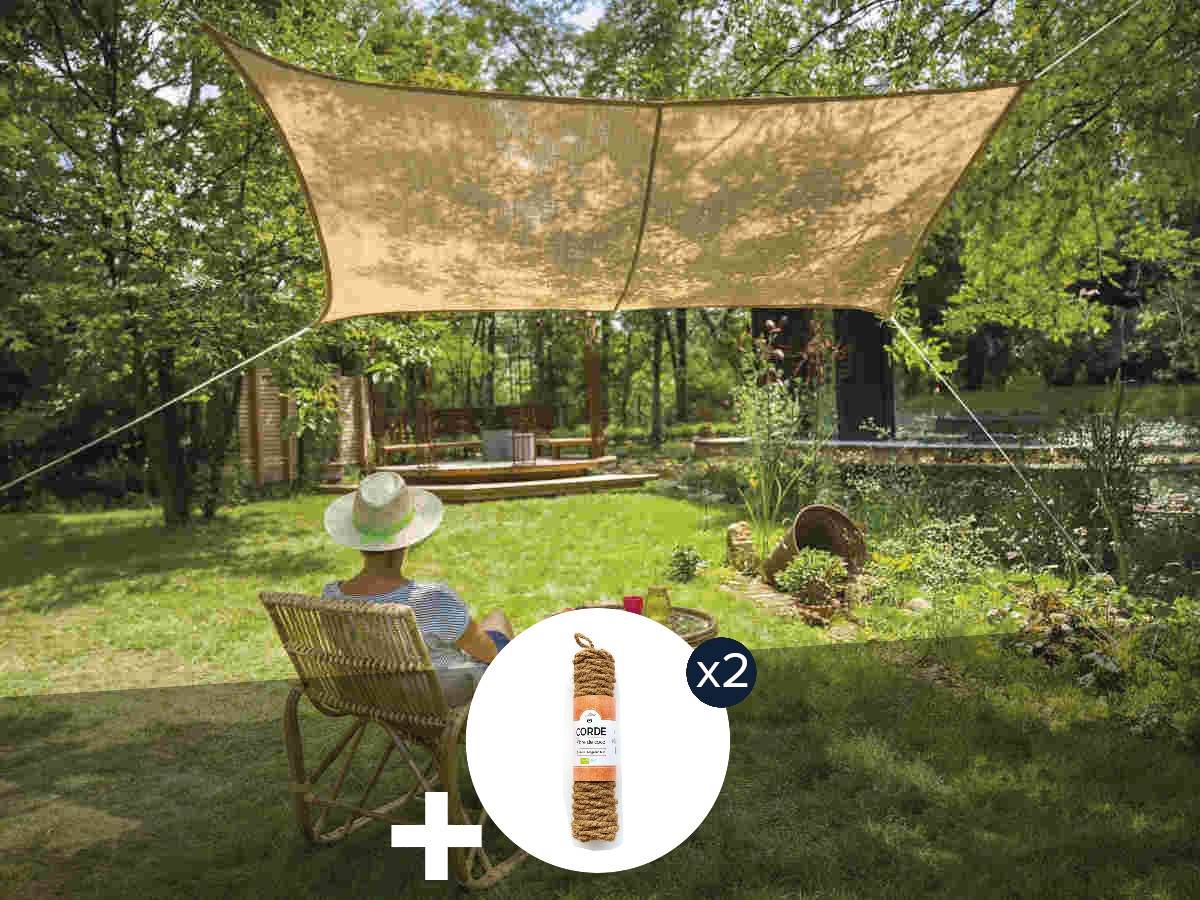 Voile d'ombrage Naturelle Jute Rectangulaire 3 x 2 m+ 2 cordes fibre de coco 12 m - Jardiline