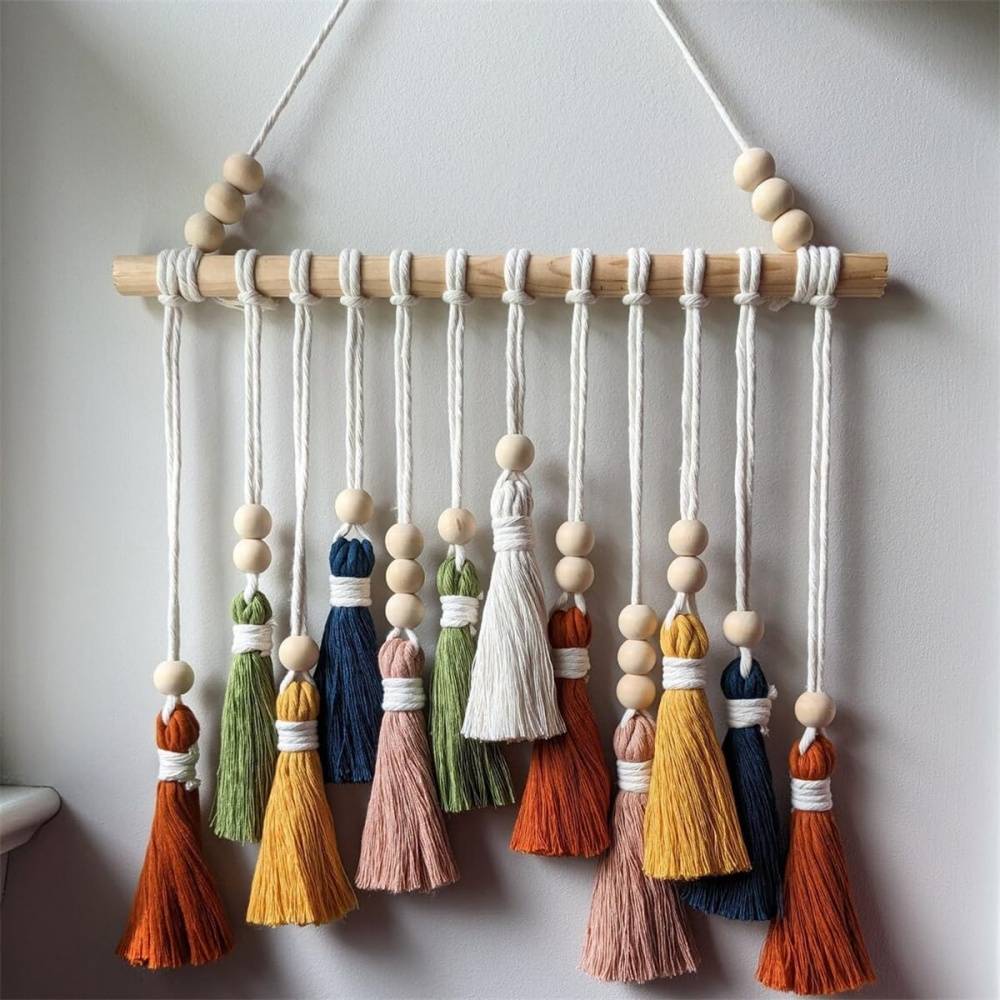 Tenture murale macramé bohème - 40x35 cm - Perles bois & franges - Décoration chambre/salon - Living123 - Image 2