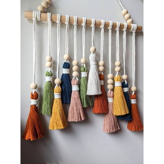 Tenture murale macramé bohème - 40x35 cm - Perles bois & franges - Décoration chambre/salon - Living123 - Image 3