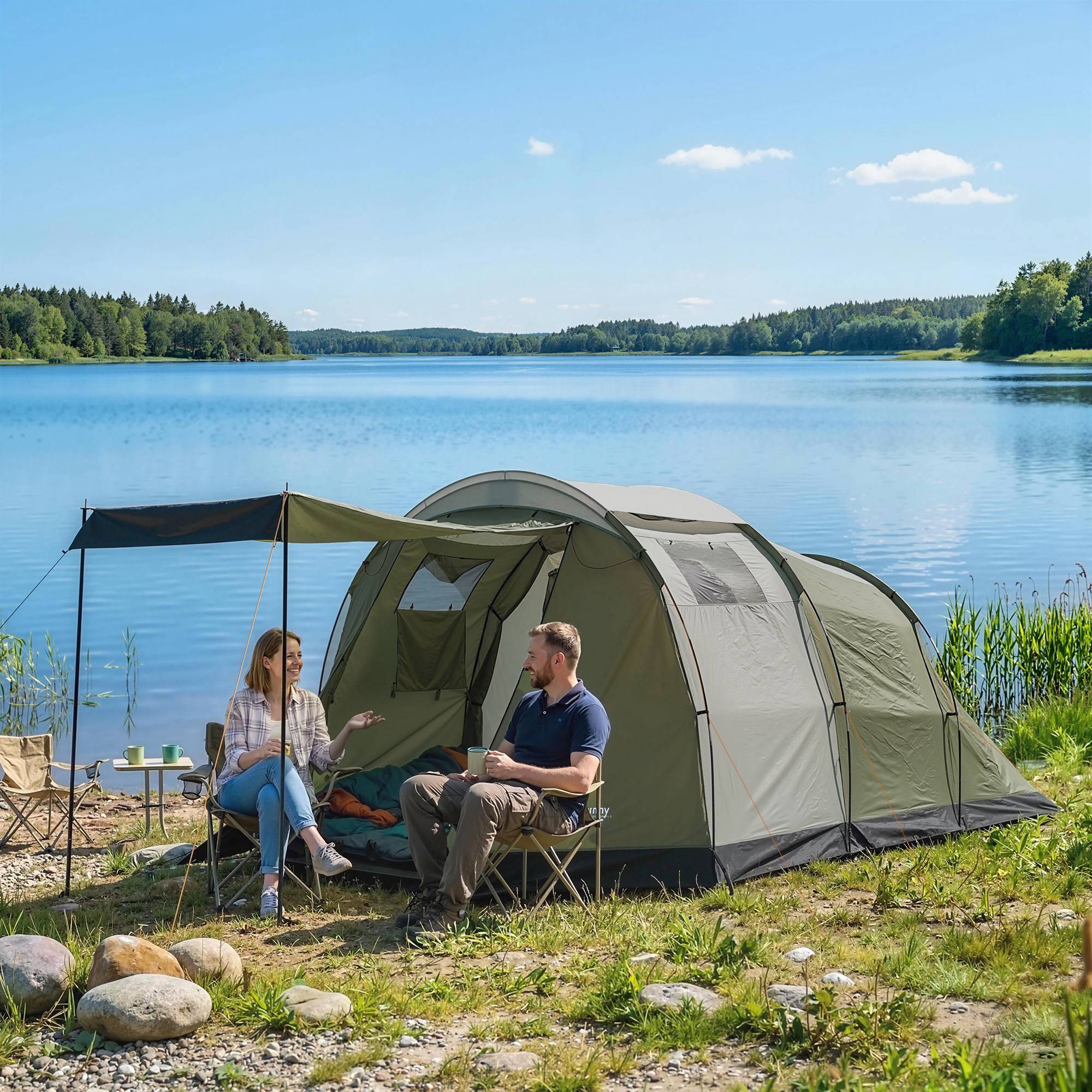 Tente familiale 3-4 personnes robuste, imperméable 3000 mm, avec chambre, vestibule et séjour verte - Image 3