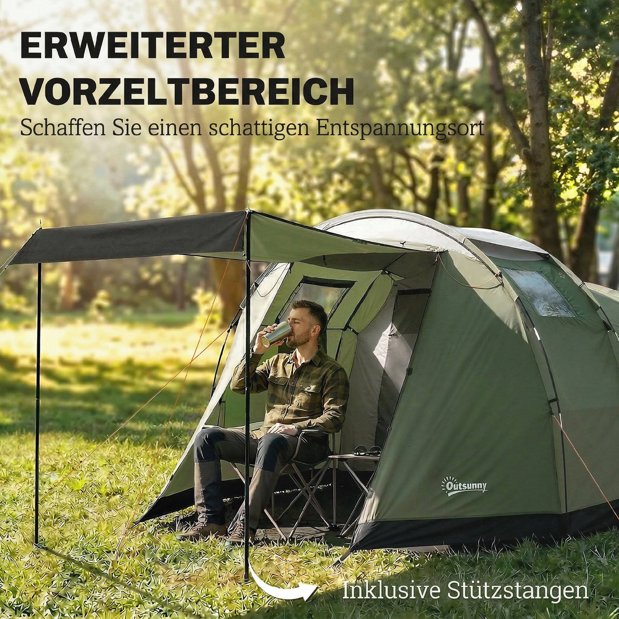 Tente familiale 3-4 personnes robuste, imperméable 3000 mm, avec chambre, vestibule et séjour verte - Image 8