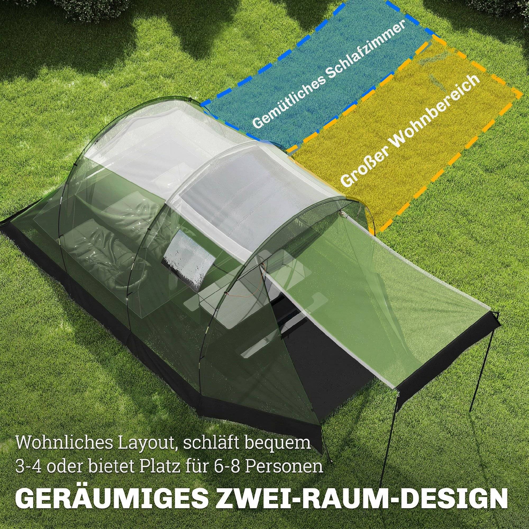 Tente familiale 3-4 personnes robuste, imperméable 3000 mm, avec chambre, vestibule et séjour verte - Image 6