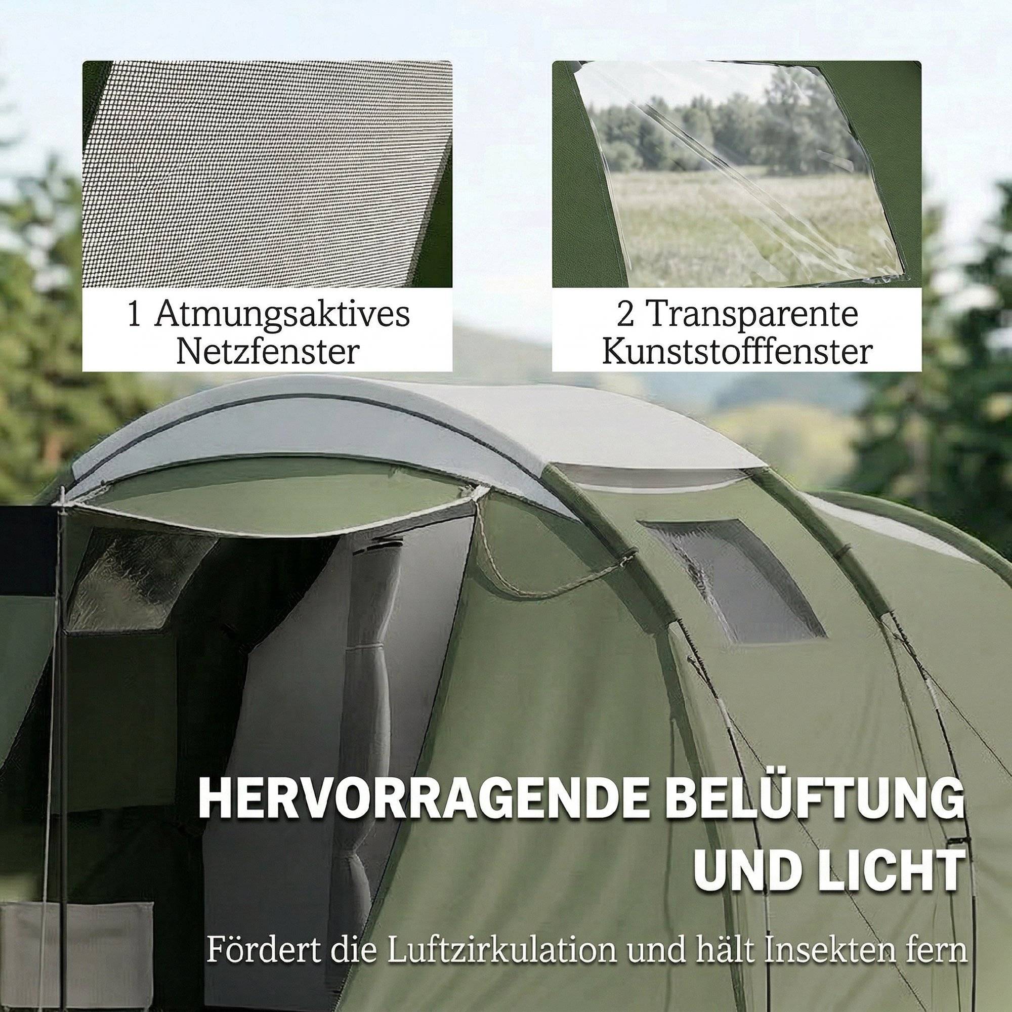 Tente familiale 3-4 personnes robuste, imperméable 3000 mm, avec chambre, vestibule et séjour verte - Image 9
