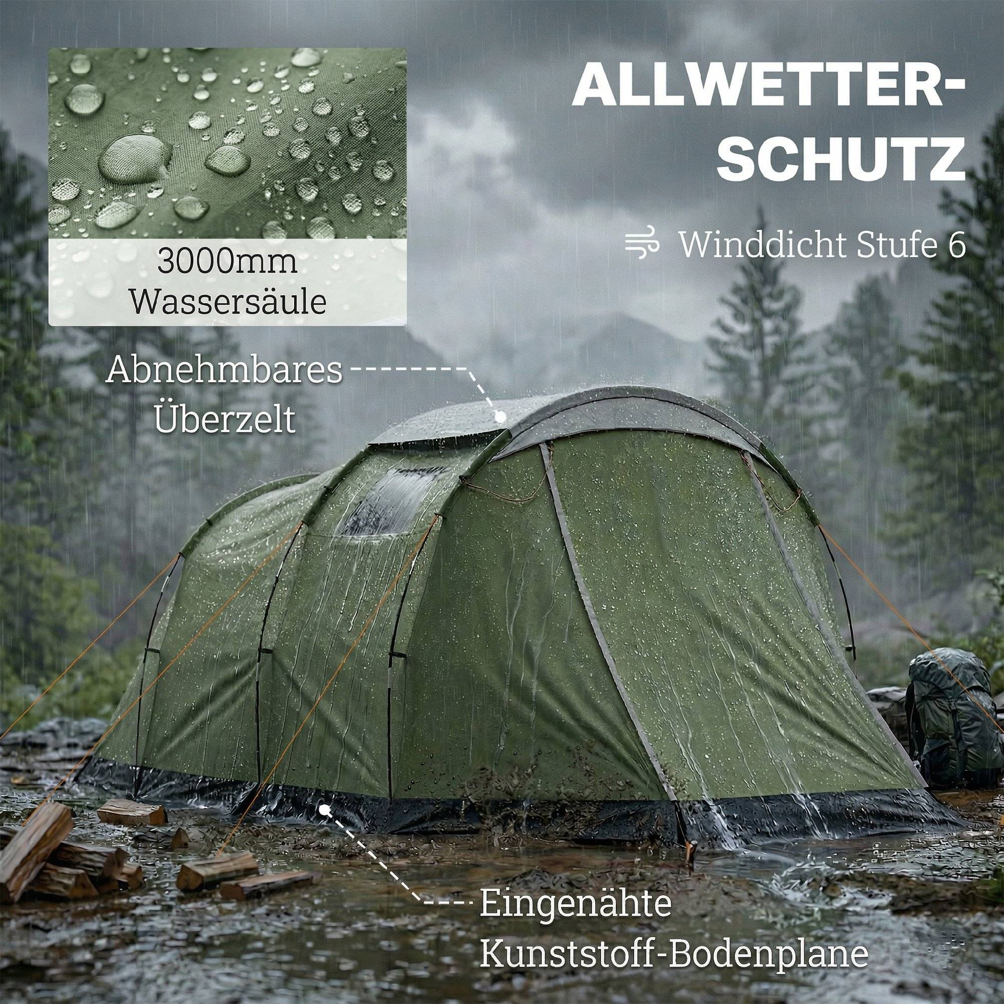 Tente familiale 3-4 personnes robuste, imperméable 3000 mm, avec chambre, vestibule et séjour verte - Image 7
