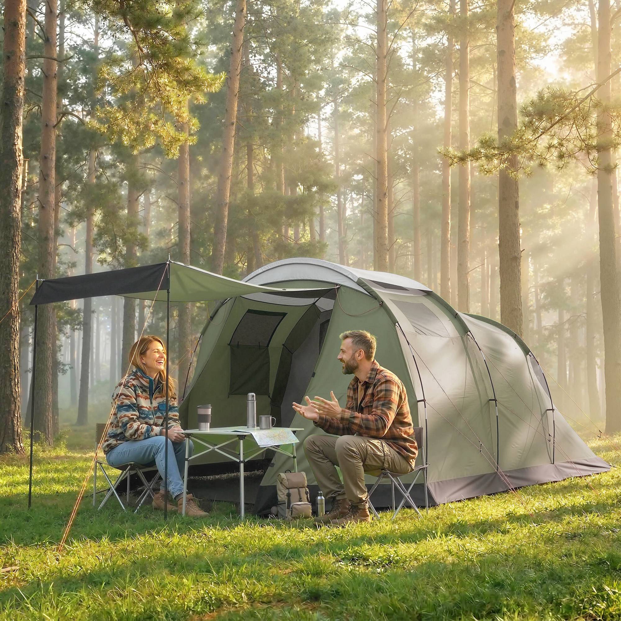 Tente familiale 3-4 personnes robuste, imperméable 3000 mm, avec chambre, vestibule et séjour verte - Image 4