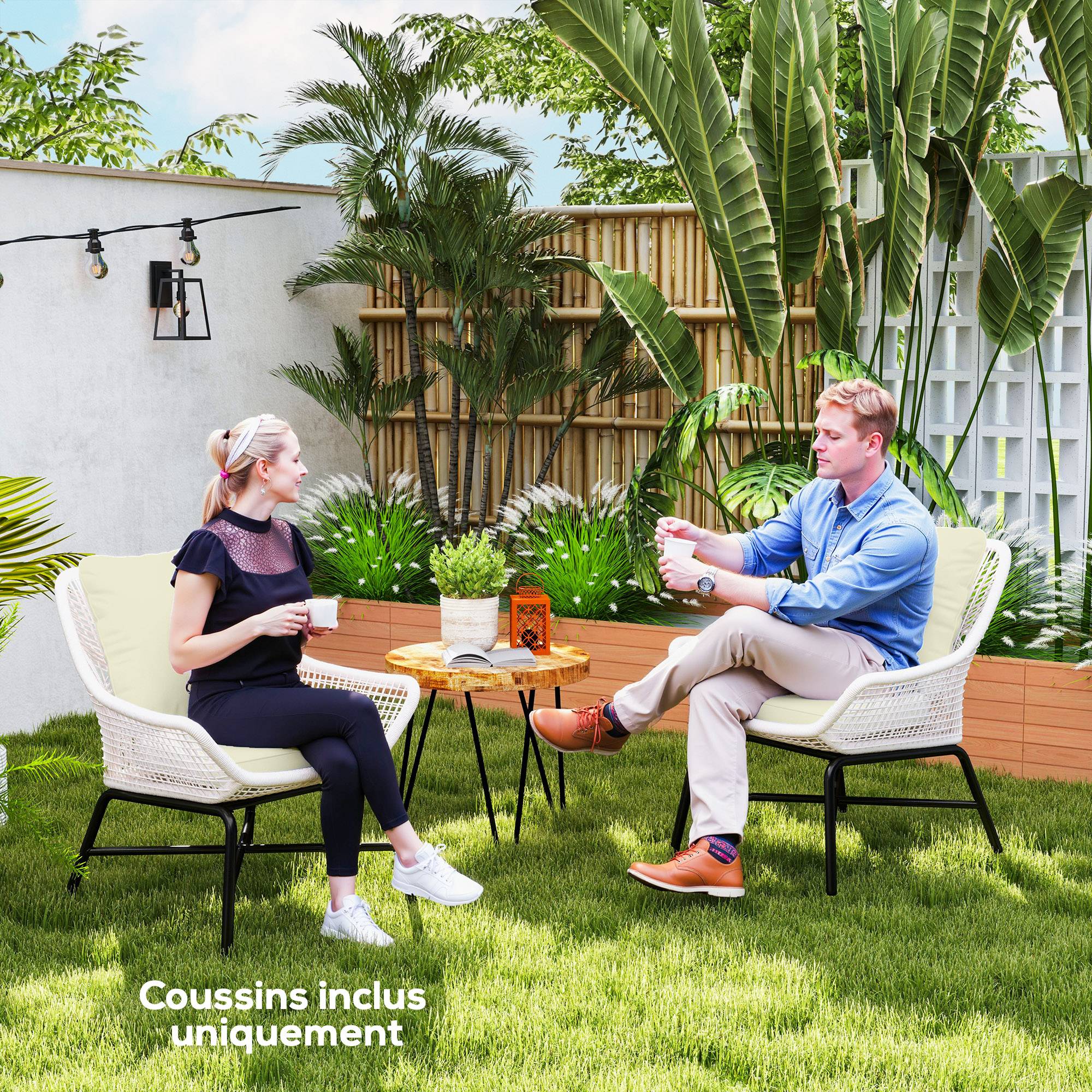 Ensemble de 2 coussins d'assise avec dossier, coussin d'assise et de dossier extérieur et intérieur, crème - Image 9