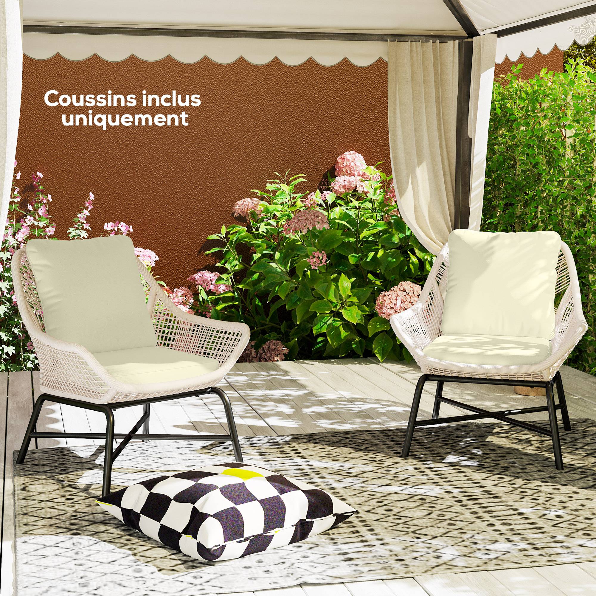 Ensemble de 2 coussins d'assise avec dossier, coussin d'assise et de dossier extérieur et intérieur, crème - Image 10