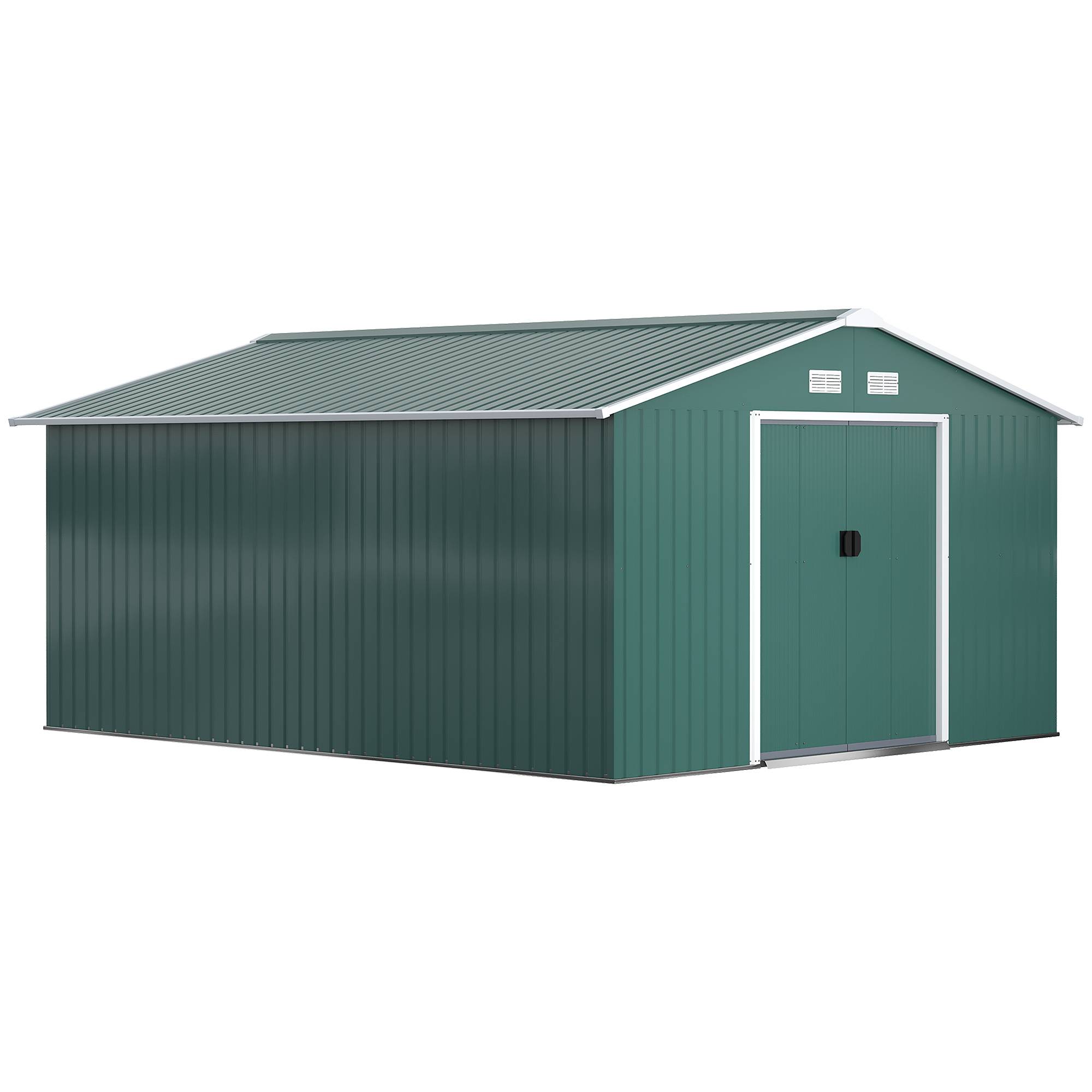 Abri de jardin acier 340x386x200 cm avec portes coulissantes et 4 aérations vert, grand cabanon extérieur - Image 1