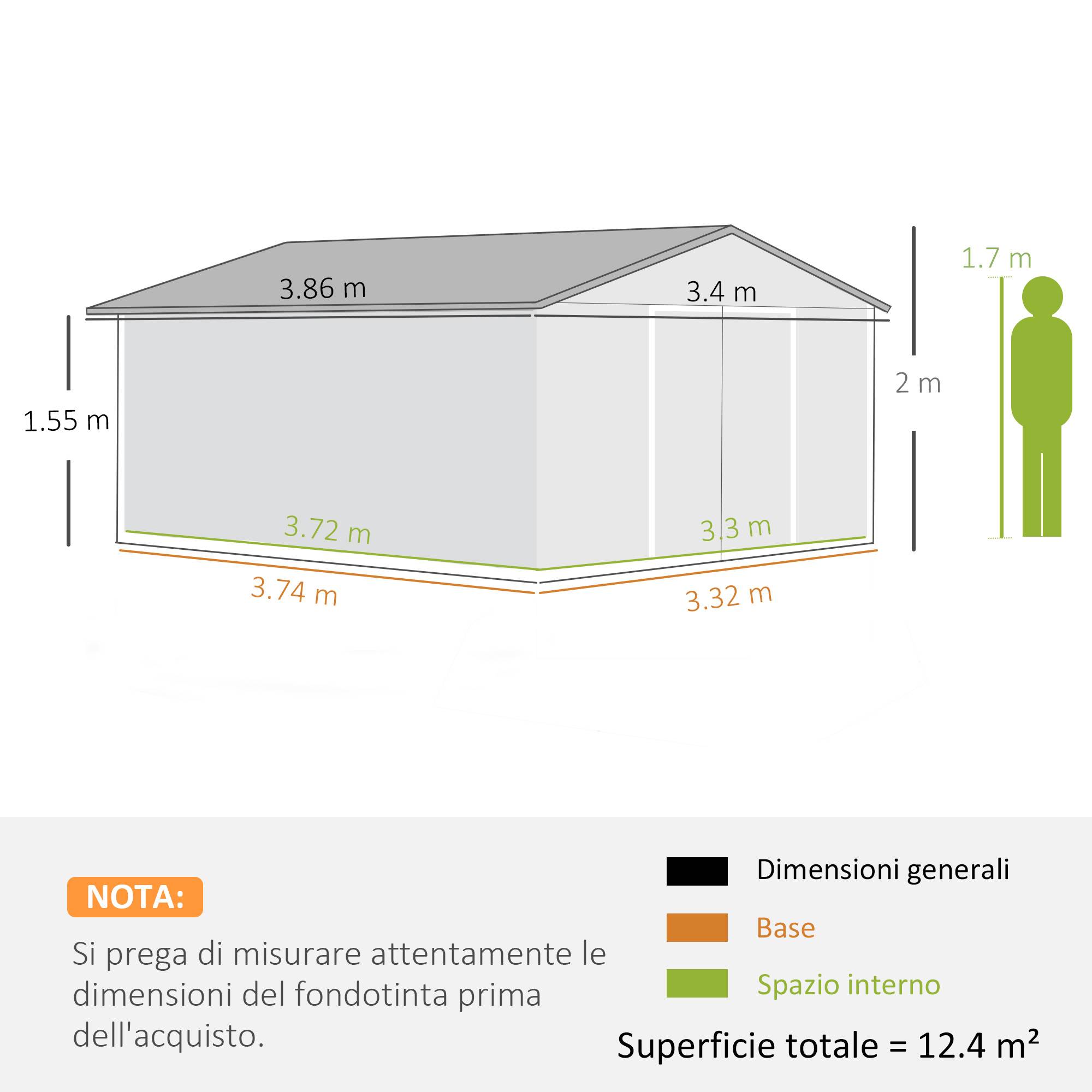 Abri de jardin acier 340x386x200 cm avec portes coulissantes et 4 aérations vert, grand cabanon extérieur - Image 5