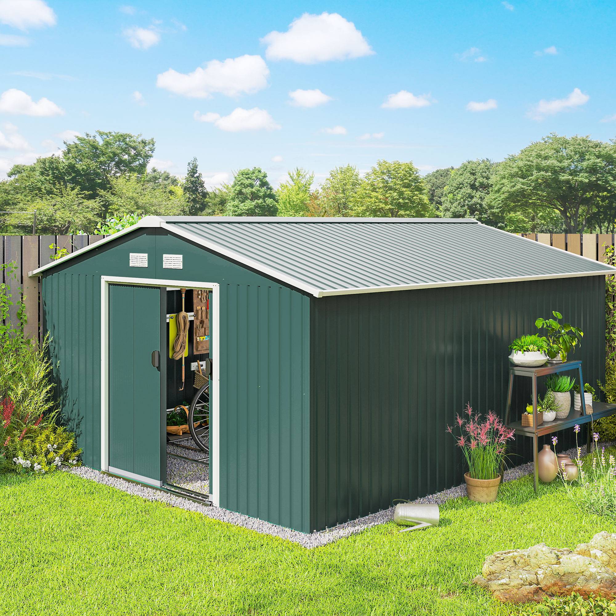 Abri de jardin acier 340x386x200 cm avec portes coulissantes et 4 aérations vert, grand cabanon extérieur - Image 4