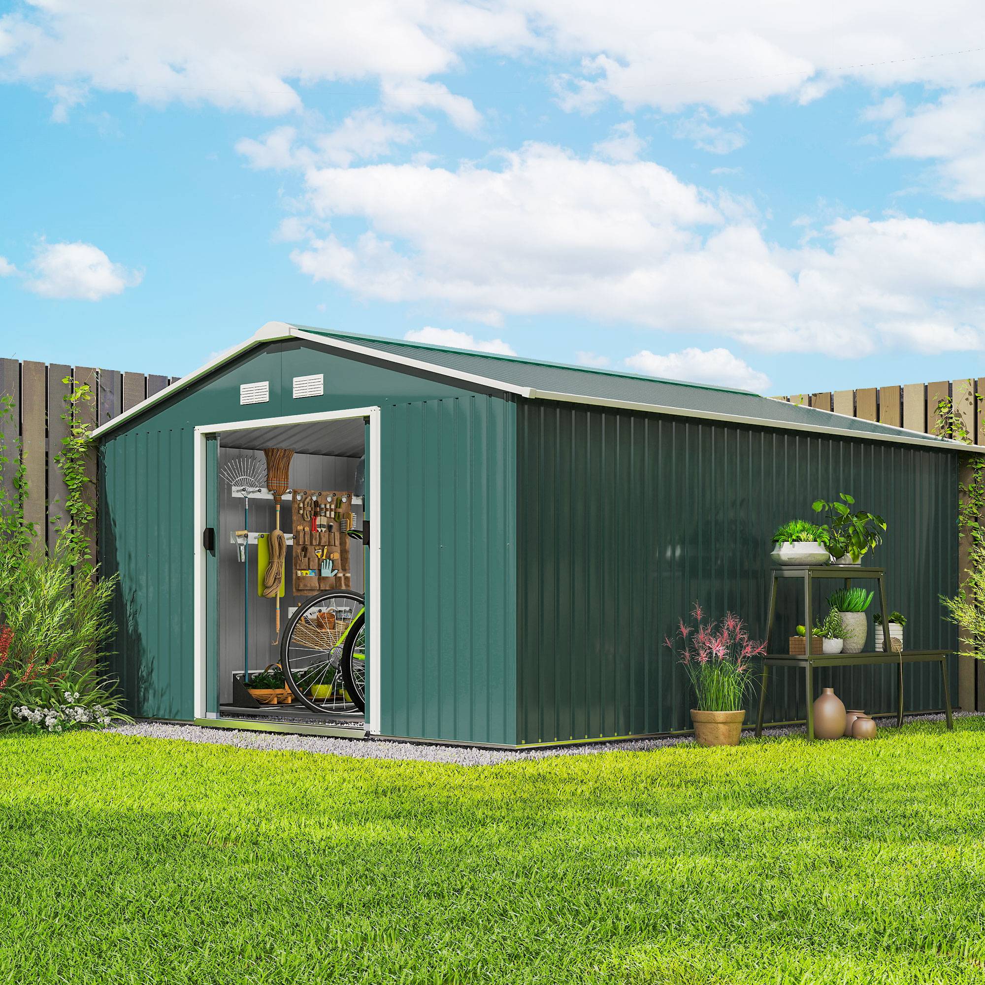 Abri de jardin acier 340x386x200 cm avec portes coulissantes et 4 aérations vert, grand cabanon extérieur - Image 3