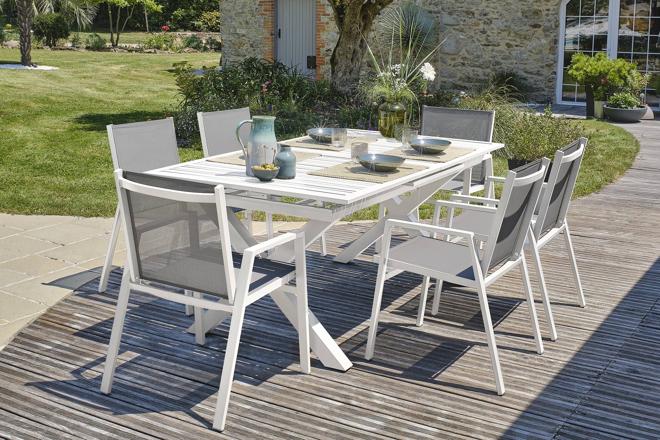 Dcb Garden - Ensemble repas de jardin 6 places en aluminium - Blanc - FLORIDE - Image 1
