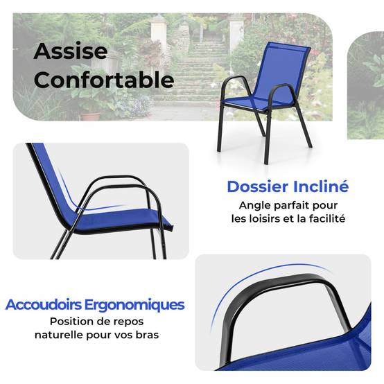Ensemble de Bistrot de Jardin 3 Pièces Table Ronde avec 2 Chaises Empilables Mobilier de Conversation Bleu MAISON CHIC - Image 6