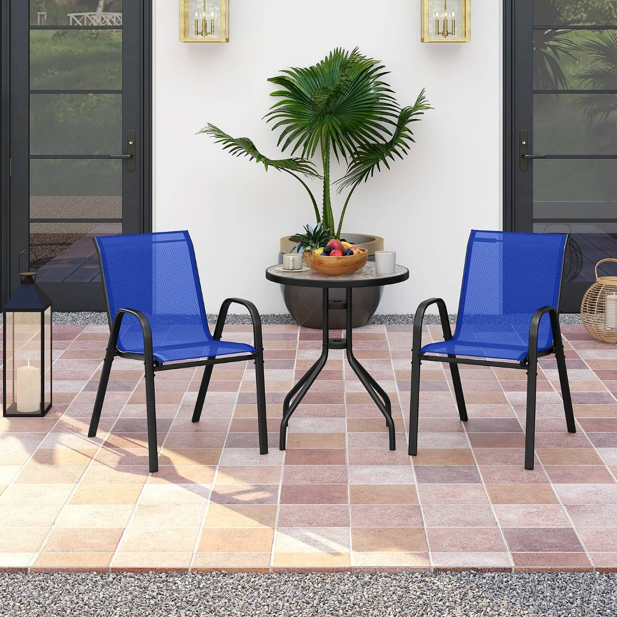 Ensemble de Bistrot de Jardin 3 Pièces Table Ronde avec 2 Chaises Empilables Mobilier de Conversation Bleu MAISON CHIC - Image 2