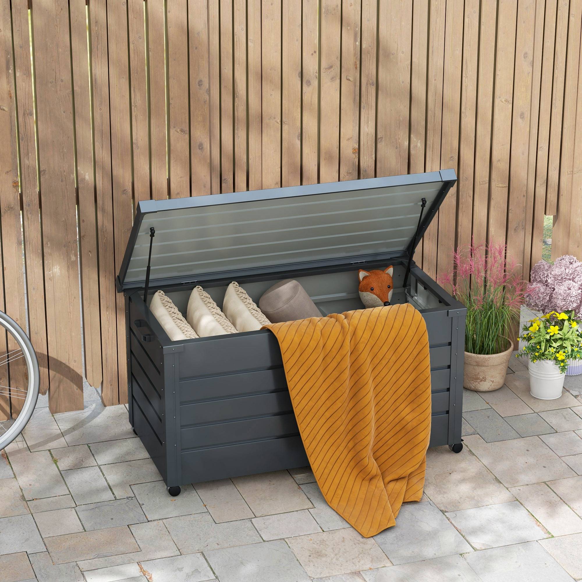 Coffre de rangement extérieur 311L, avec vérin à gaz, roulettes et poignée, en acier galvanisé, 120x62x66 cm, gris - Image 4