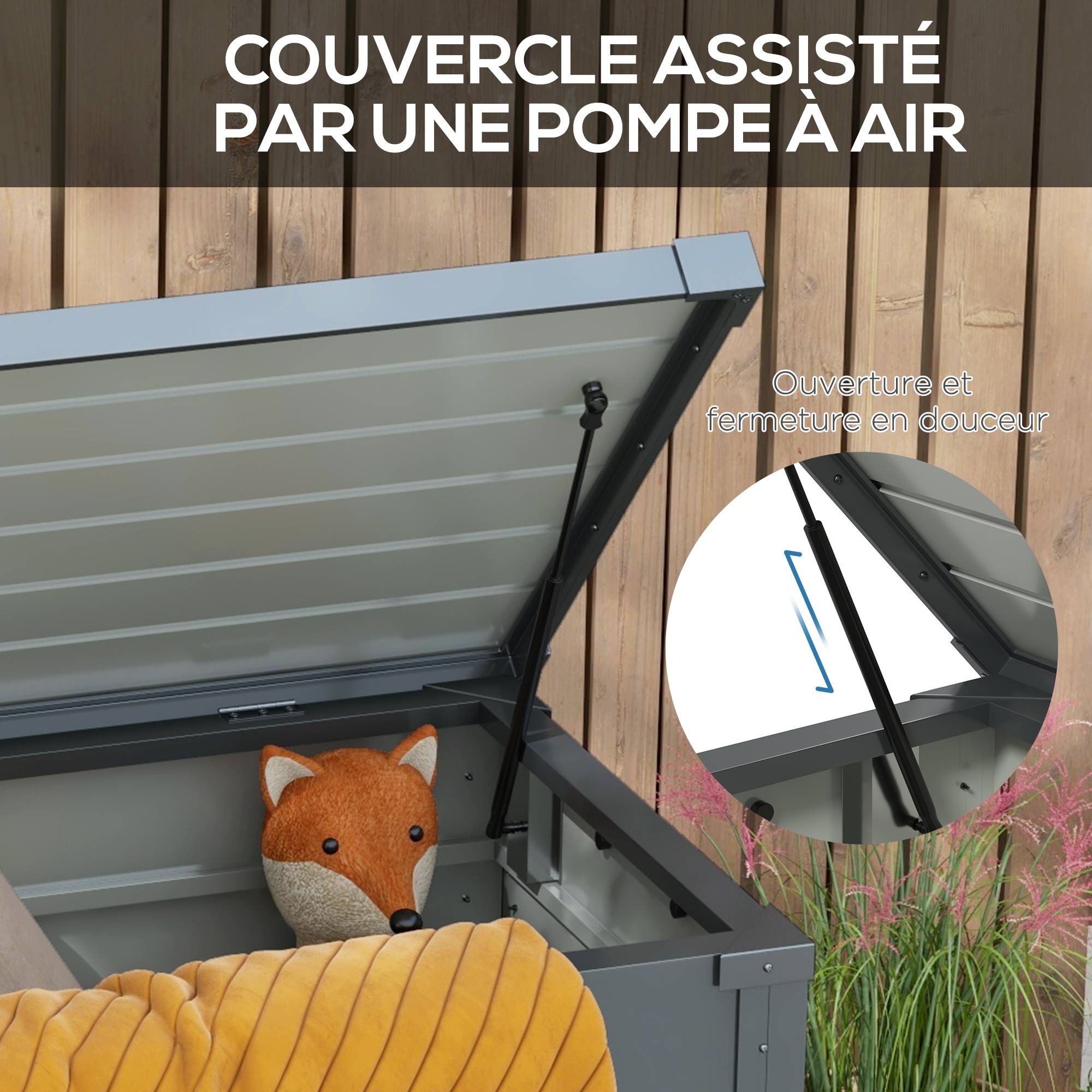 Coffre de rangement extérieur 311L, avec vérin à gaz, roulettes et poignée, en acier galvanisé, 120x62x66 cm, gris - Image 8