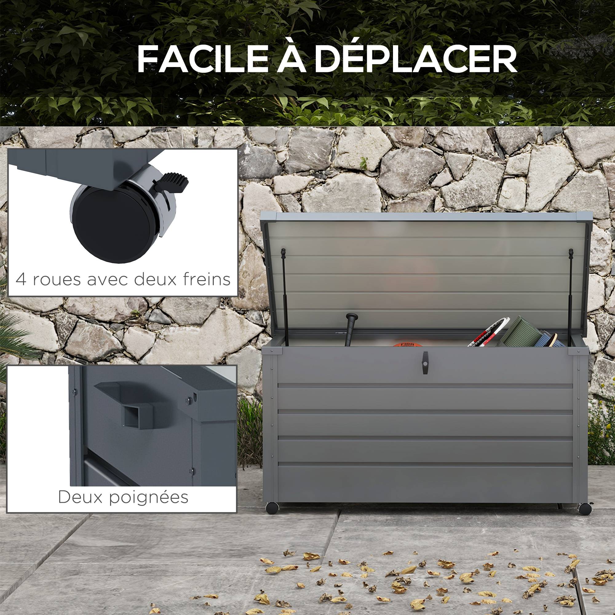 Coffre de rangement extérieur 311L, avec vérin à gaz, roulettes et poignée, en acier galvanisé, 120x62x66 cm, gris - Image 6