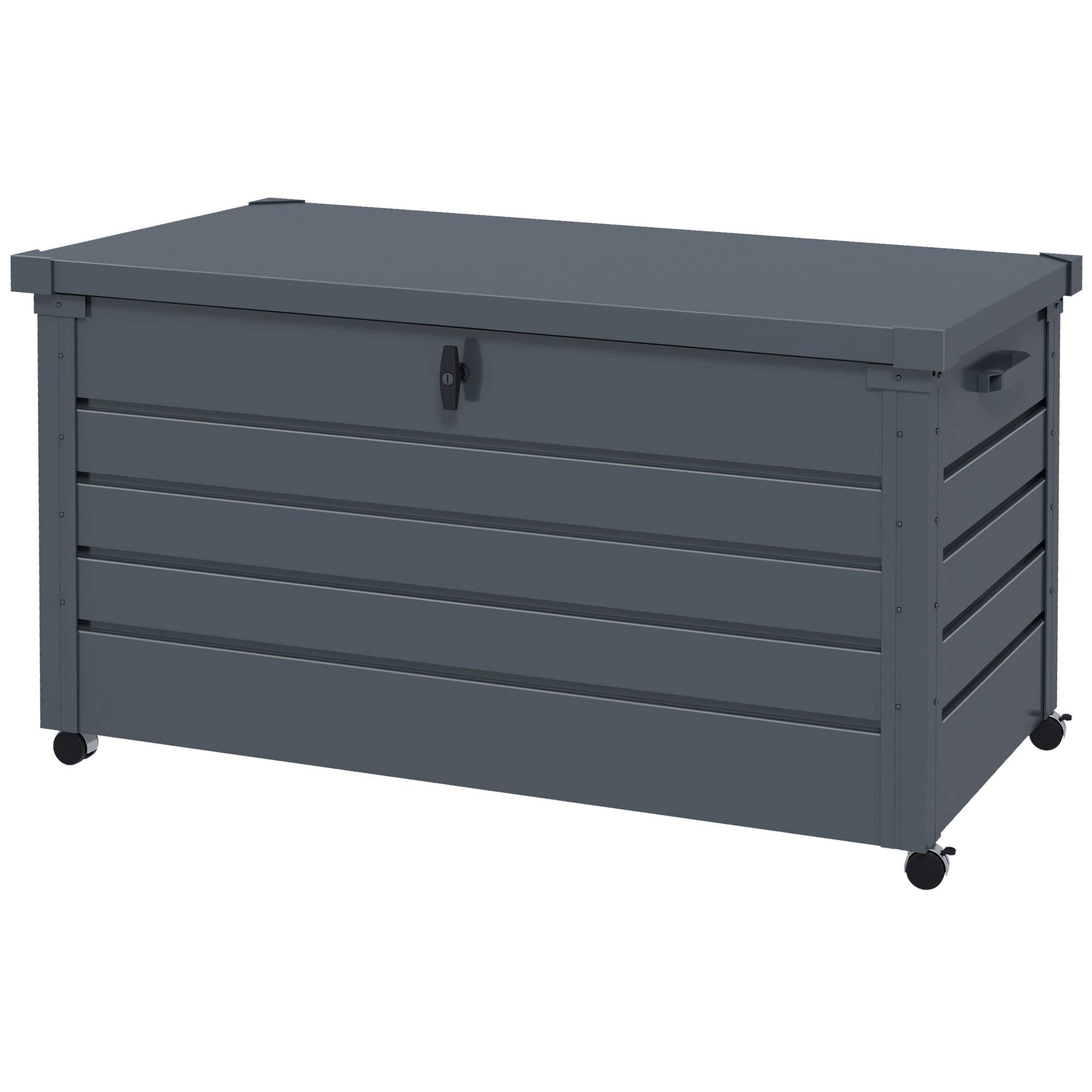 Coffre de rangement extérieur 311L, avec vérin à gaz, roulettes et poignée, en acier galvanisé, 120x62x66 cm, gris - Image 2