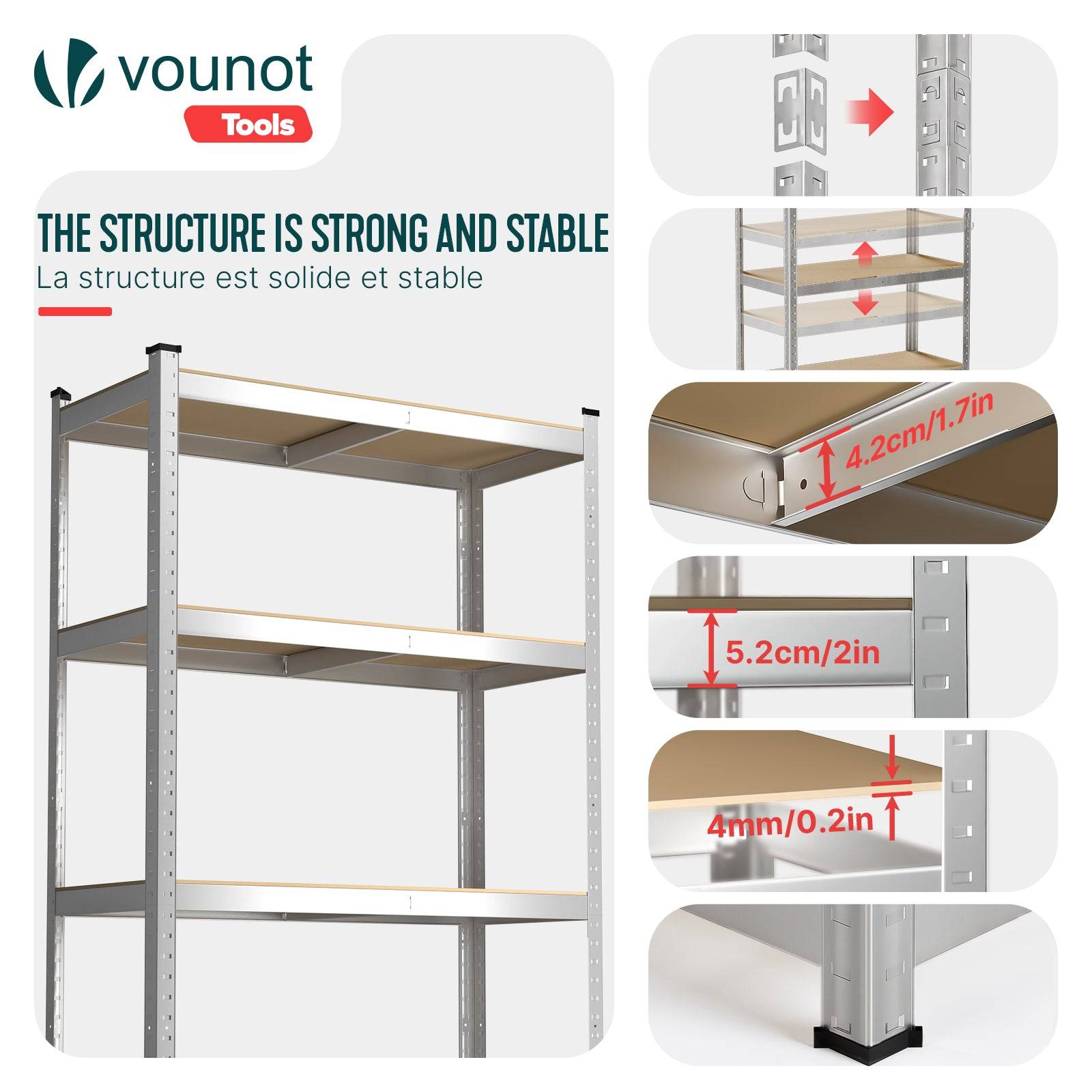 Vounot - Etagères métalliques charge lourde 875kg - 90x40x180cm - 5 tablettes réglables - rayonnage robuste VOUNOT® - Image 4