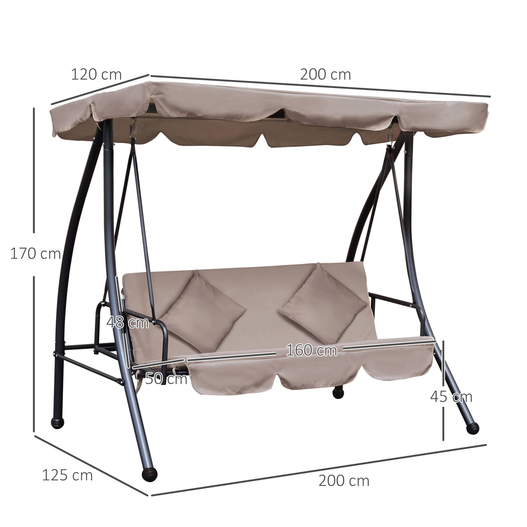 Outsunny - Balancelle de jardin convertible 3 places grand confort inclinaison toit réglable matelas fourni métal polyester noir et beige - Outsunny - Image 3