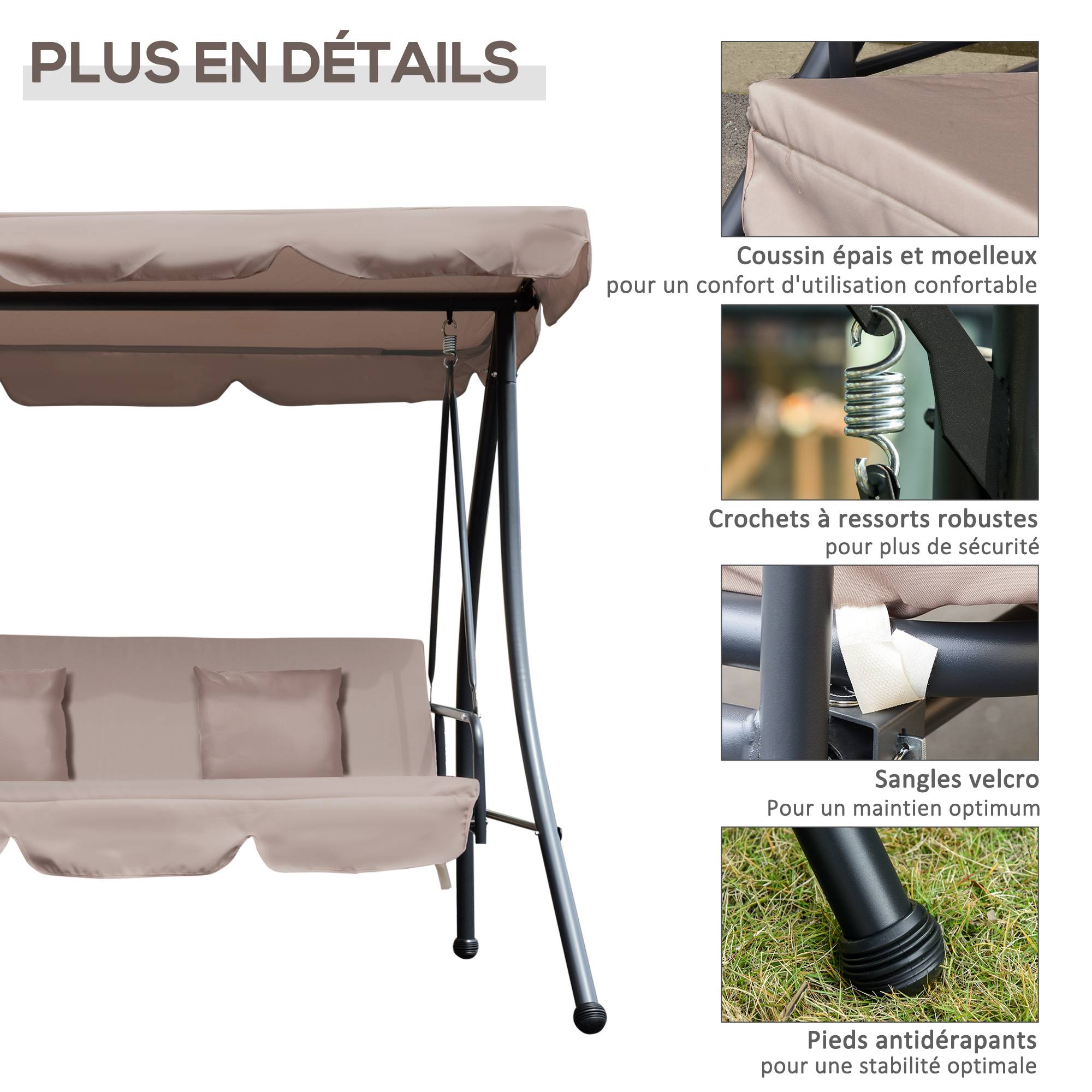 Outsunny - Balancelle de jardin convertible 3 places grand confort inclinaison toit réglable matelas fourni métal polyester noir et beige - Outsunny - Image 5