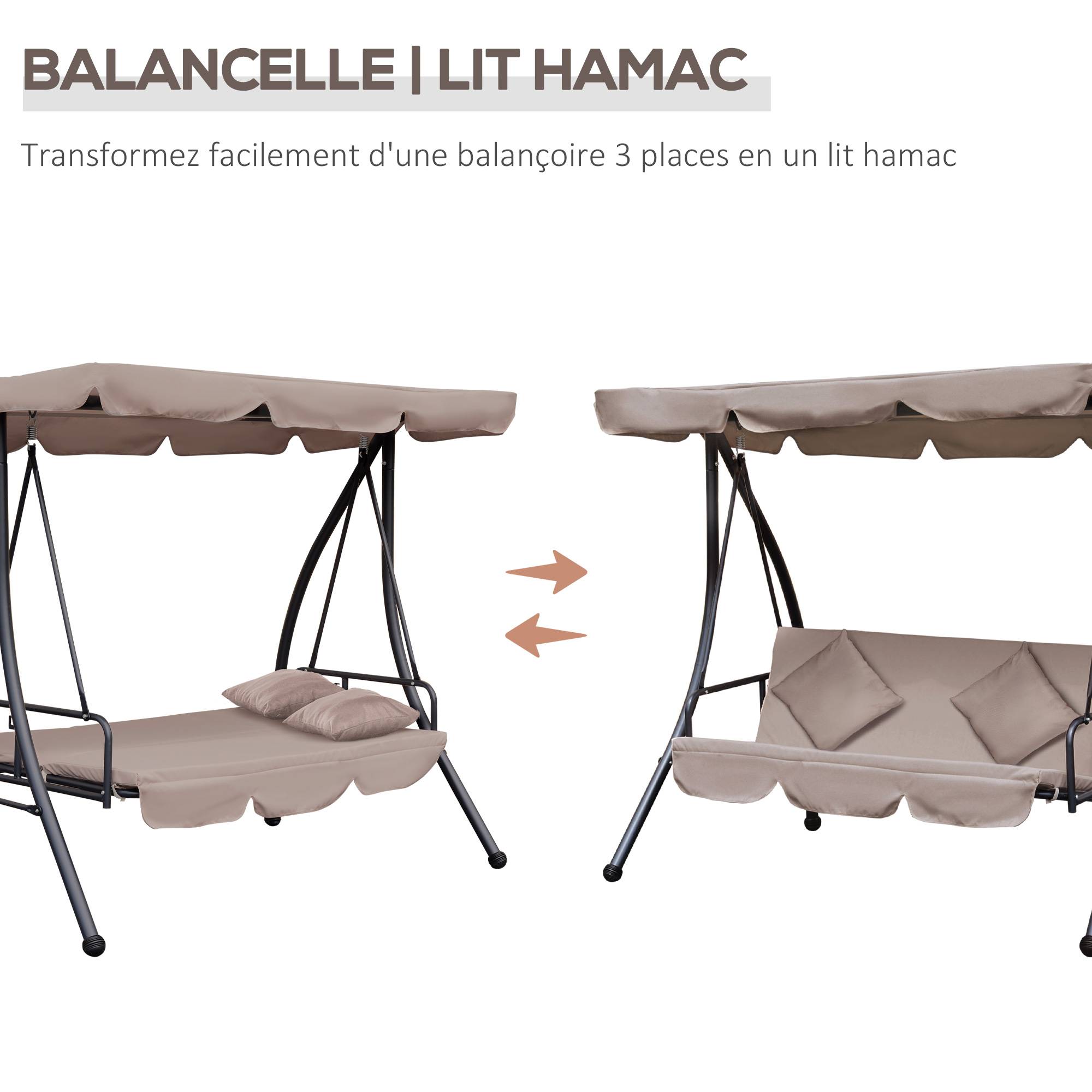 Outsunny - Balancelle de jardin convertible 3 places grand confort inclinaison toit réglable matelas fourni métal polyester noir et beige - Outsunny - Image 6
