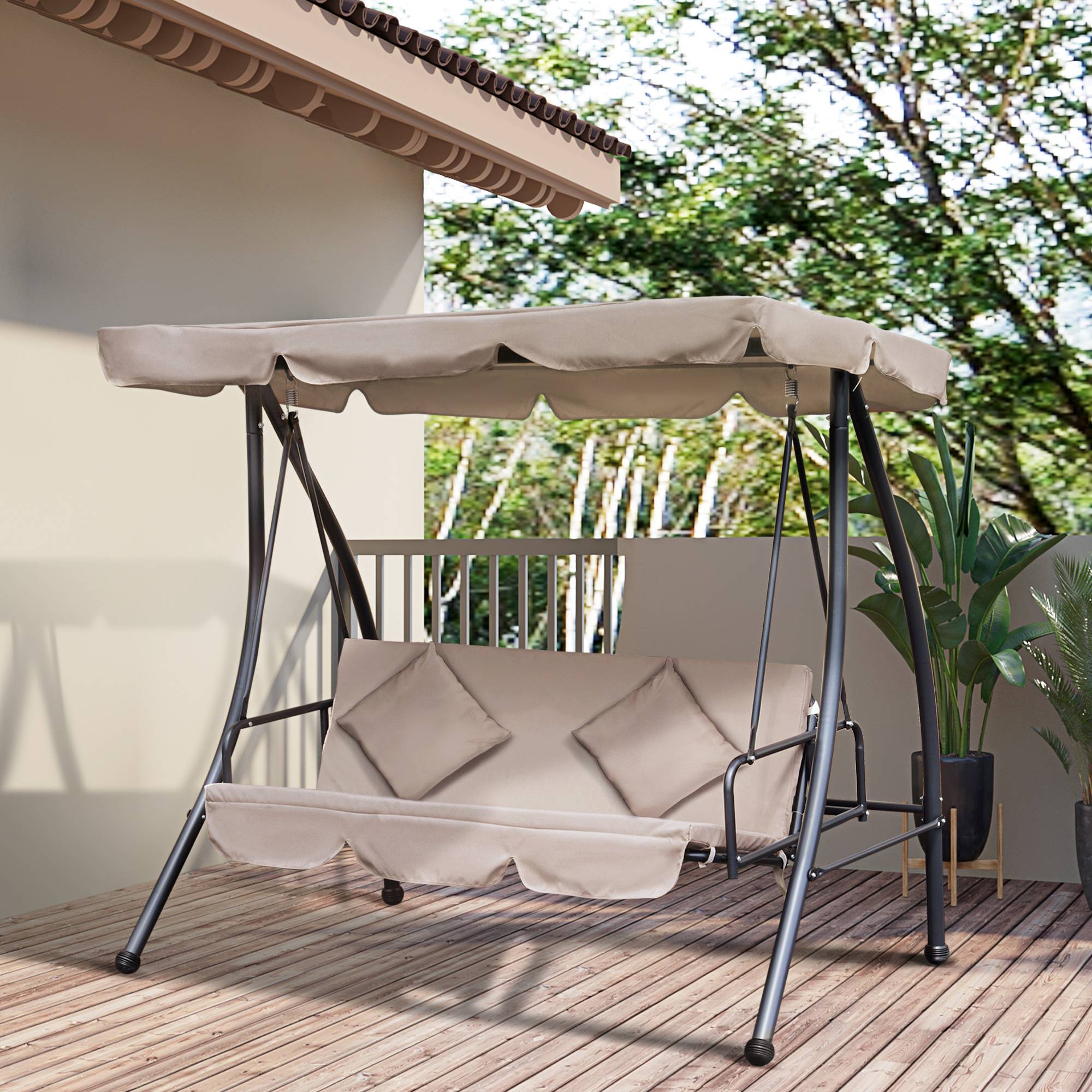 Outsunny - Balancelle de jardin convertible 3 places grand confort inclinaison toit réglable matelas fourni métal polyester noir et beige - Outsunny - Image 2