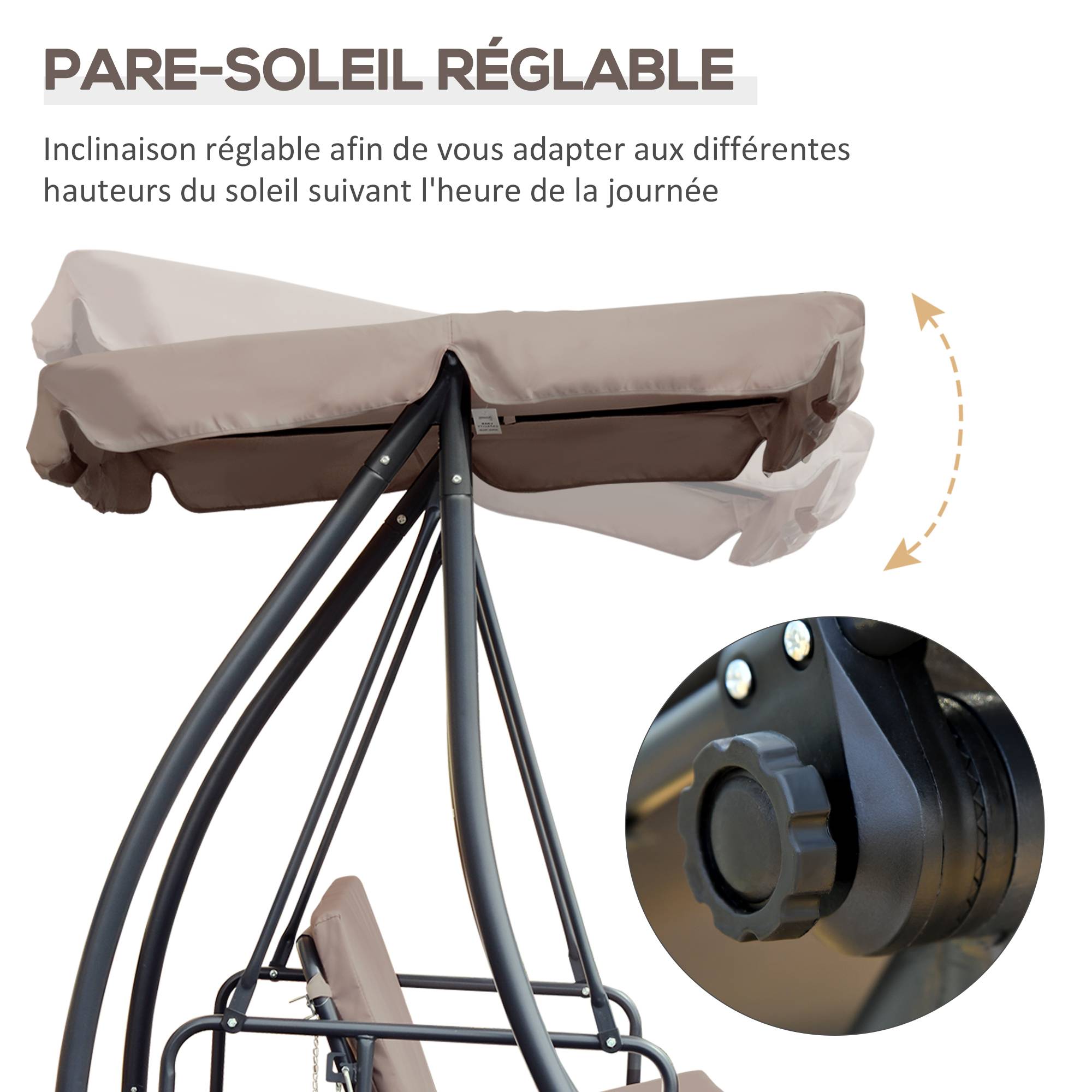 Outsunny - Balancelle de jardin convertible 3 places grand confort inclinaison toit réglable matelas fourni métal polyester noir et beige - Outsunny - Image 4