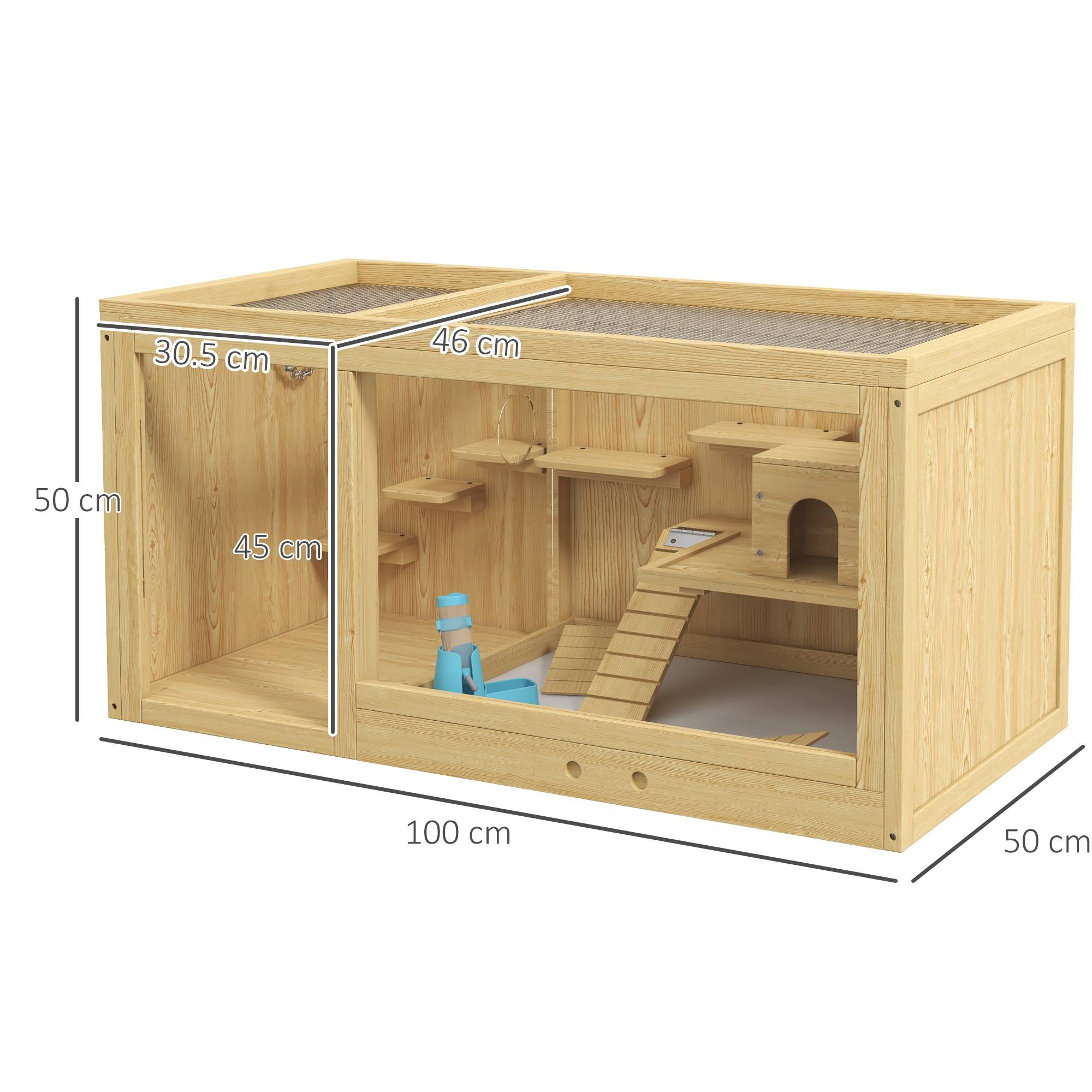 Cage Hamster Bois Sapin pour Rongeurs avec Accessoires Toit Ouvrant 100cm Naturel - ComfortXL Pet Living - Image 3